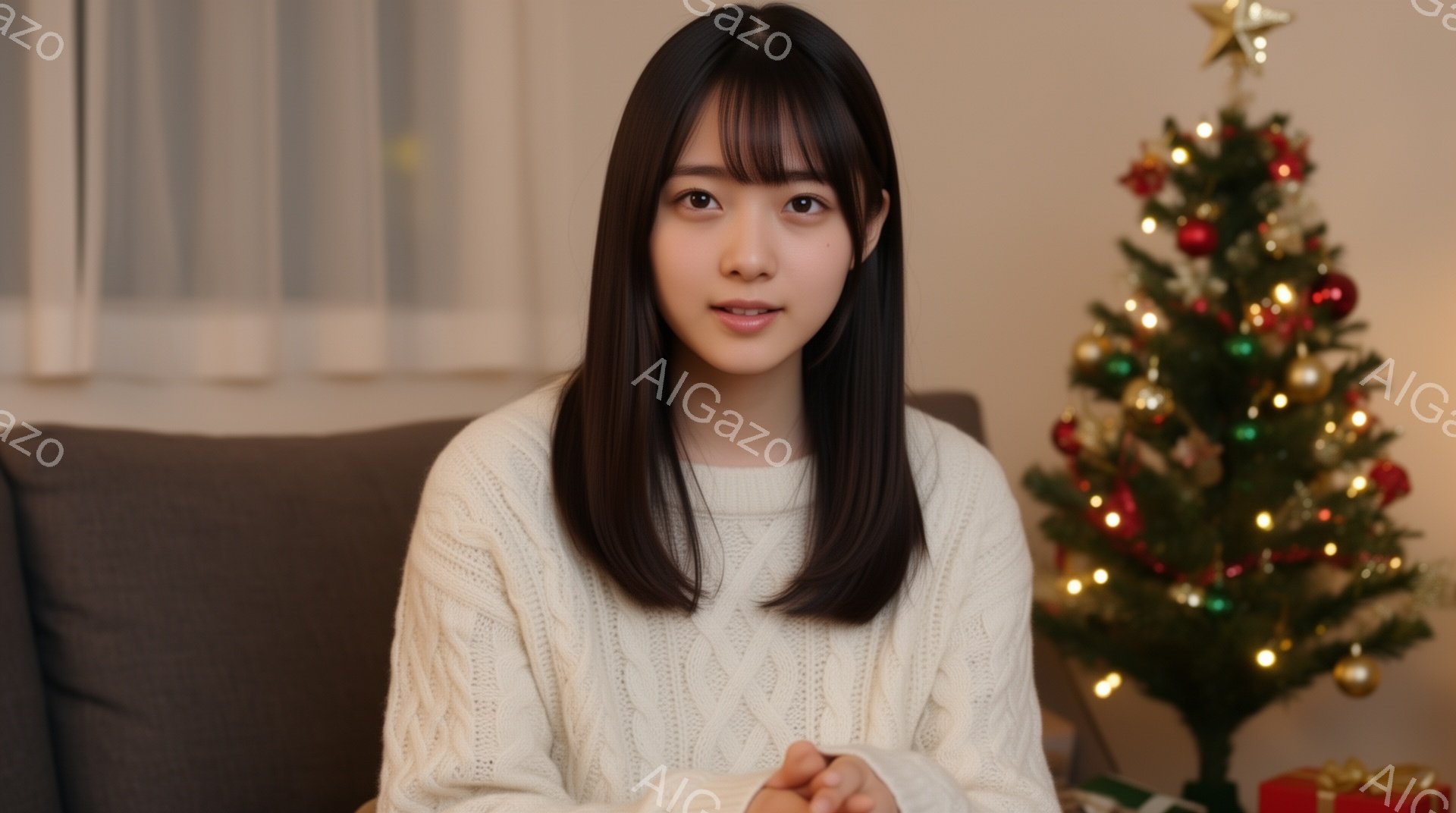 長い黒髪で前髪を作った若い女性が、オフホワイトのケーブルニットセーターを着て座っています。彼女は穏やかな表情で、両手を前に組んでリラックスした姿勢をしています。背景には、オーナメントと光で飾られたクリスマスツリーがあり、暖かくお祝いの雰囲気を作り出しています。