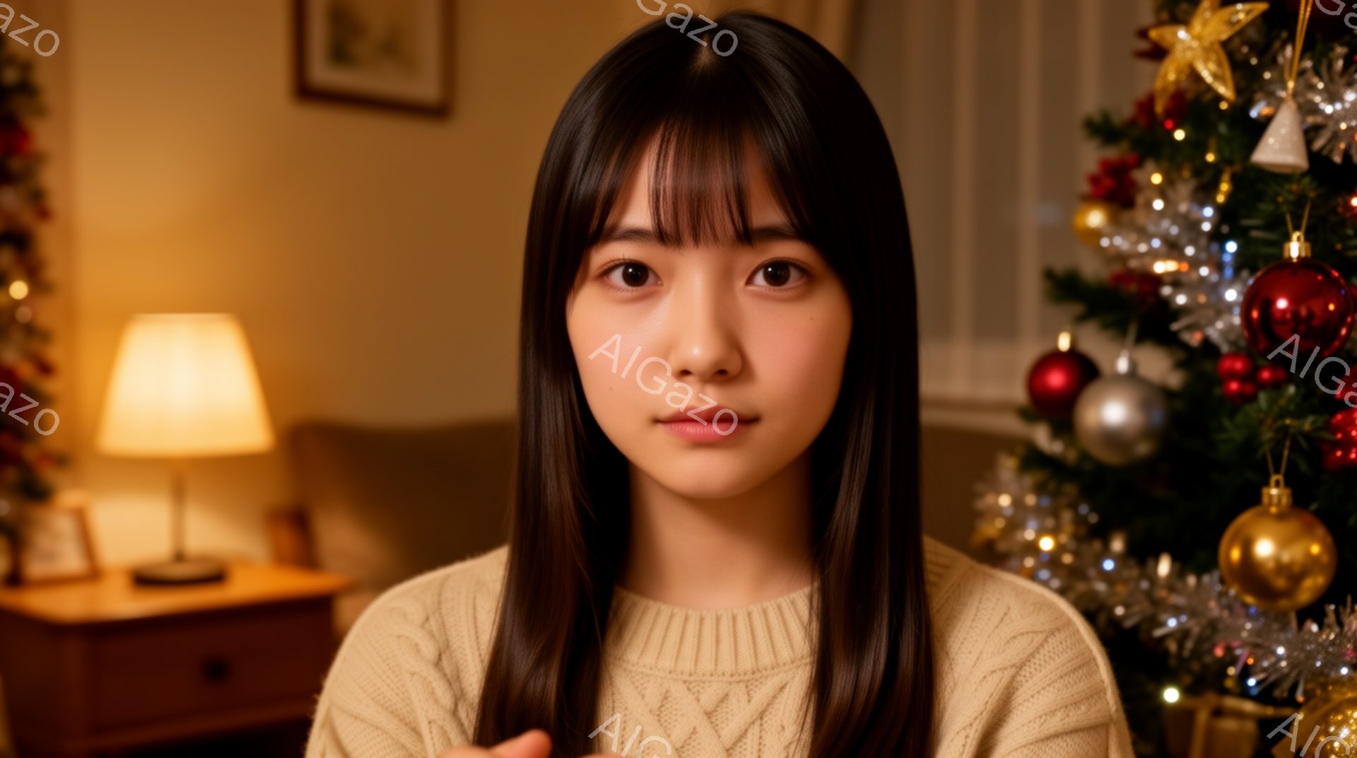 長い黒髪で、前髪は眉毛にかかるようにカットされた若い女性が写っている。ベージュのセーターを着ており、表情は穏やかで、少し憂いを帯びているように見える。背景にはクリスマスツリーが飾られ、テーブルの上にランプが置かれていることから、室内で撮影された写真であることがわかる。