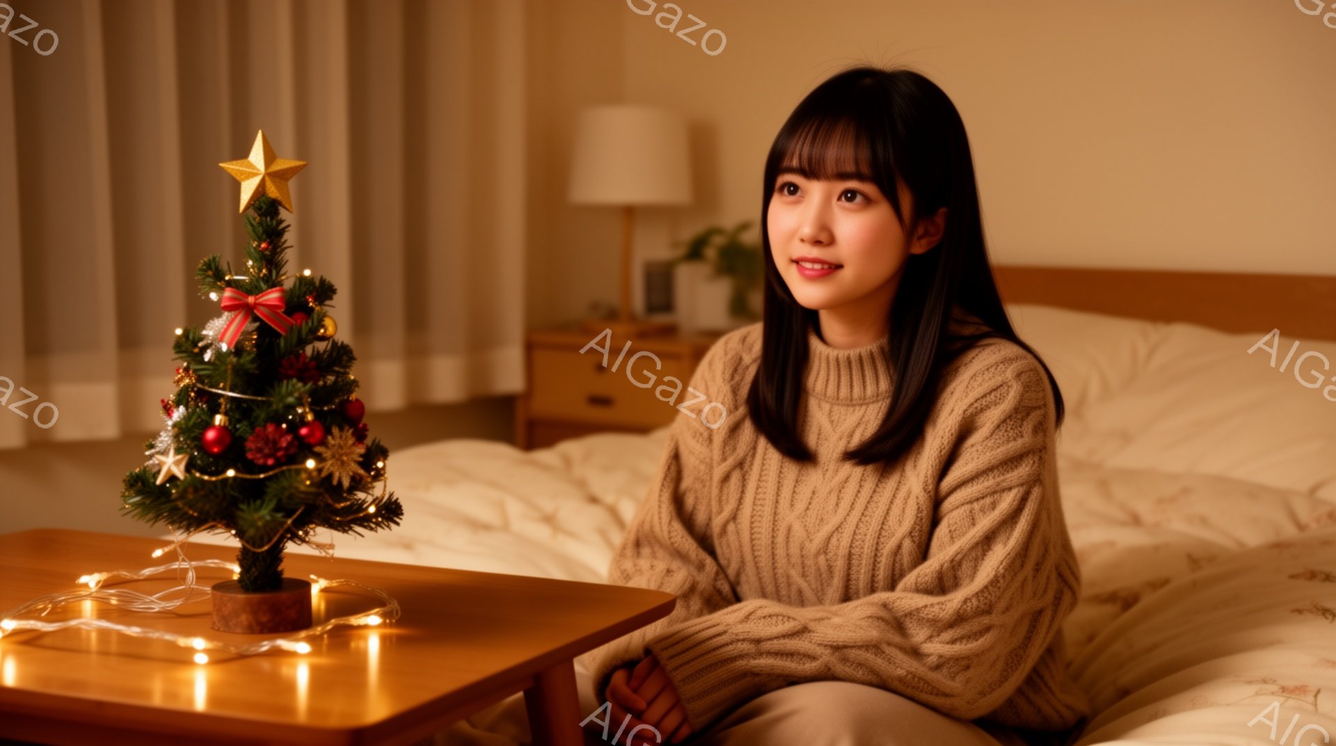 女性はベージュ色のケーブルニットセーターを着て、ベッドに座っています。彼女は黒髪で、前髪は眉毛のあたりでカットされ、穏やかな表情で何かを考えているようです。背景には、小さなクリスマスツリーと温かい光が灯るテーブルがあり、部屋全体が温かく、リラックスした雰囲気を醸し出しています。
