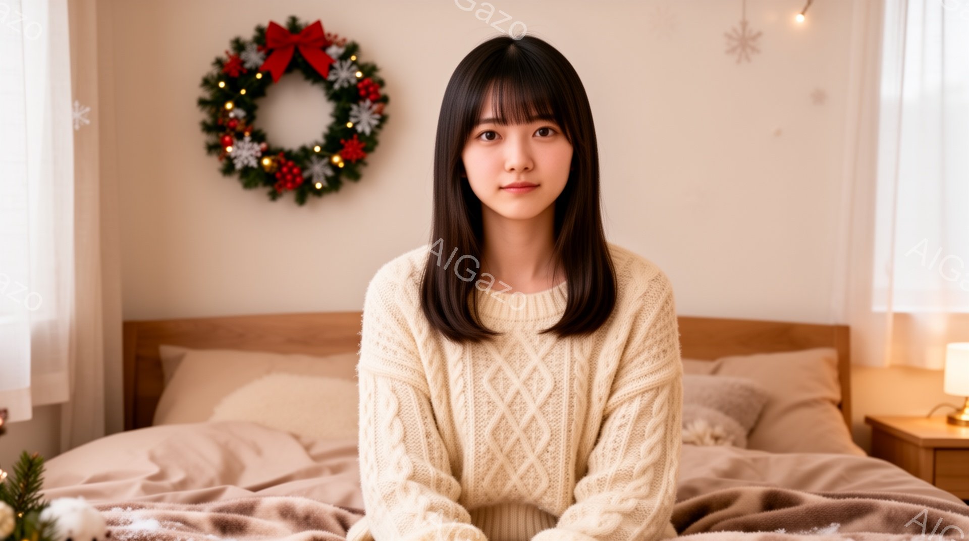 長い黒髪の女性が、オフホワイトのケーブルニットセーターを着てベッドに座っています。彼女は正面をまっすぐ見て、穏やかで落ち着いた表情をしています。背景にはクリスマスリースが飾られ、暖かく、居心地の良い雰囲気を醸し出しています。