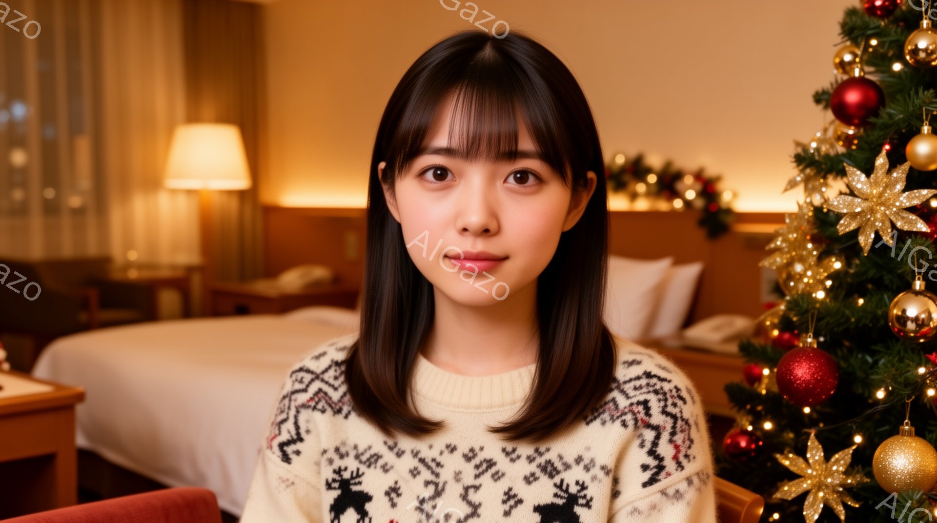 若い女性がクリスマスツリーを背景に正面を向いて立っています。彼女は、トナカイ柄の白いセーターを着ており、黒髪を肩まで伸ばしたストレートヘアにしています。表情は穏やかで、わずかに微笑んでいます。 - AI生成フリー素材