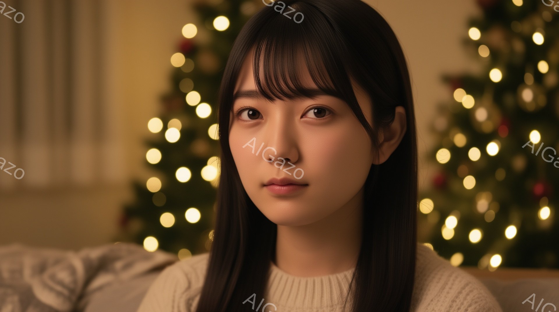 長い黒髪で前髪が眉毛にかかる女性が写っています。白いセーターを着て、少し憂いを帯びた表情で正面を見つめています。背景にはぼやけたクリスマスツリーの光が輝き、温かく穏やかな雰囲気を醸し出しています。 - AI生成フリー素材