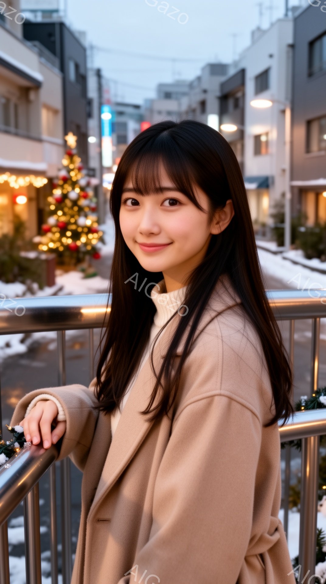 黒髪の女性がベージュ色のコートを着て微笑んでいます。彼女は手すりに寄りかかり、少し体を傾けています。背景にはクリスマスツリーが飾られた街並みと、雪が積もった歩道が見え、冬の穏やかな雰囲気を醸し出しています。