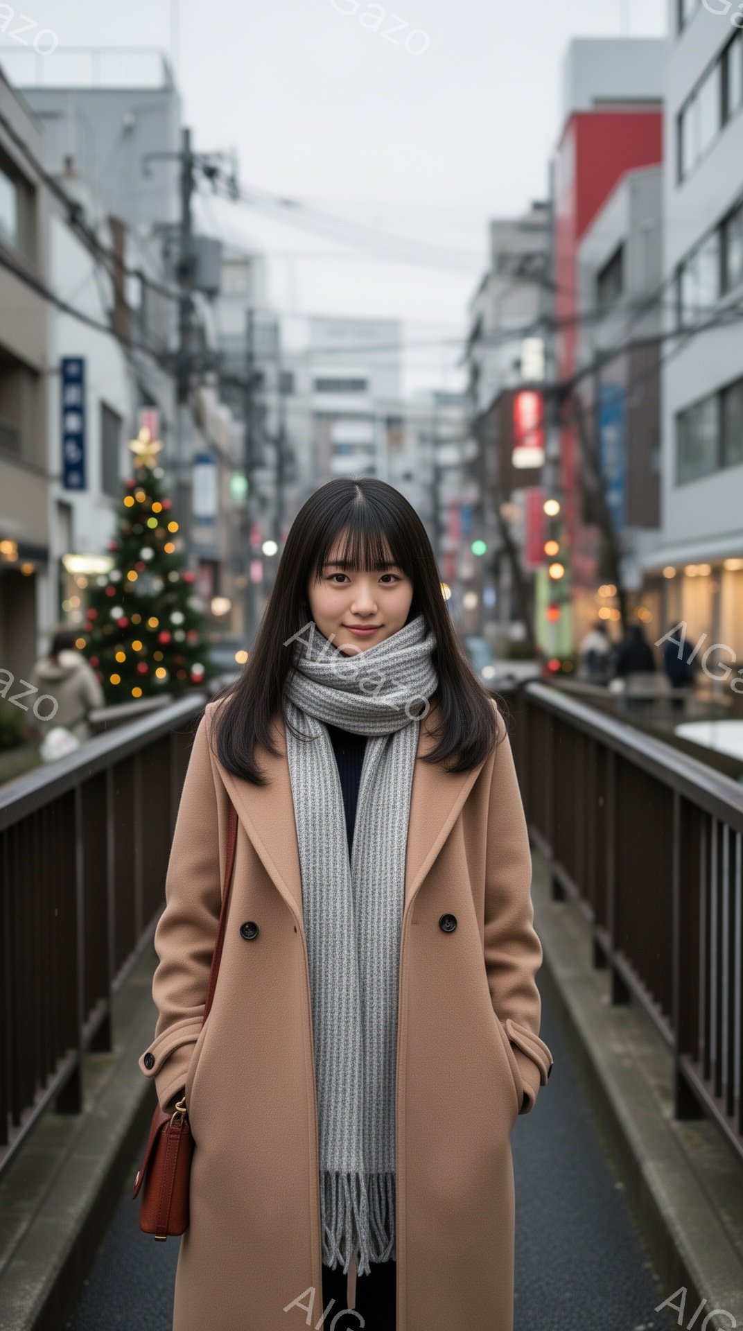 若い女性がキャメル色のコートと灰色のマフラーを身につけ、橋の上で正面を向いています。彼女はダークブラウンのストレートヘアで、前髪が目にかかり、穏やかな微笑みを浮かべています。背景には、クリスマスツリーが飾られた商店街と、曇り空の下の建物が見え、全体的に落ち着いた雰囲気です。