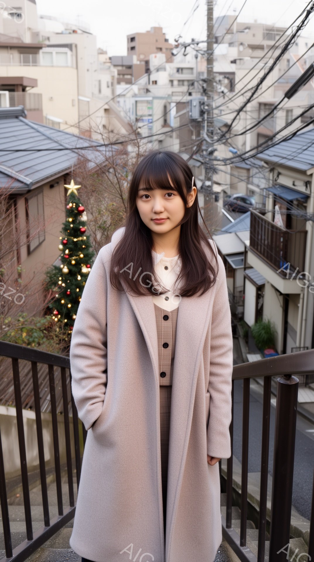 明るい茶色のロングコートに、ギンガムチェックのスカートと白いブラウスを着た若い女性が写っている。彼女は少し微笑んでおり、肩までの長さの黒髪はストレートで、前髪は眉毛にかかっている。背景には、密集した住宅地と、クリスマスツリーが一部見え、曇り空の下、手すりにもたれて立っている様子から、日常的な風景の中にいる穏やかな雰囲気が伝わってくる。