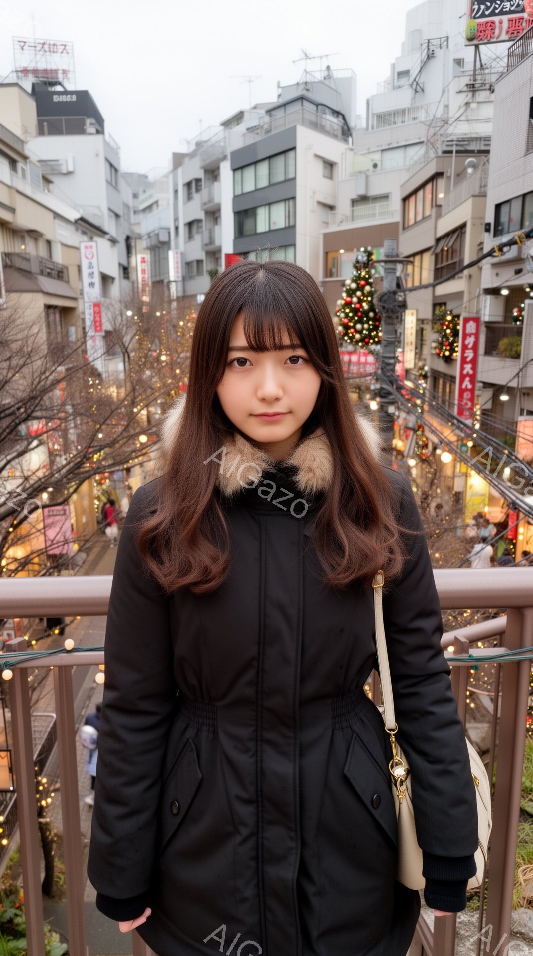 長い茶色の髪をした若い女性が、黒いファー付きのダウンジャケットを着て正面を向いています。彼女は少し微笑んでおり、落ち着いた表情をしています。背景には、イルミネーションで飾られた賑やかな街並みが広がり、冬の華やかな雰囲気が感じられます。