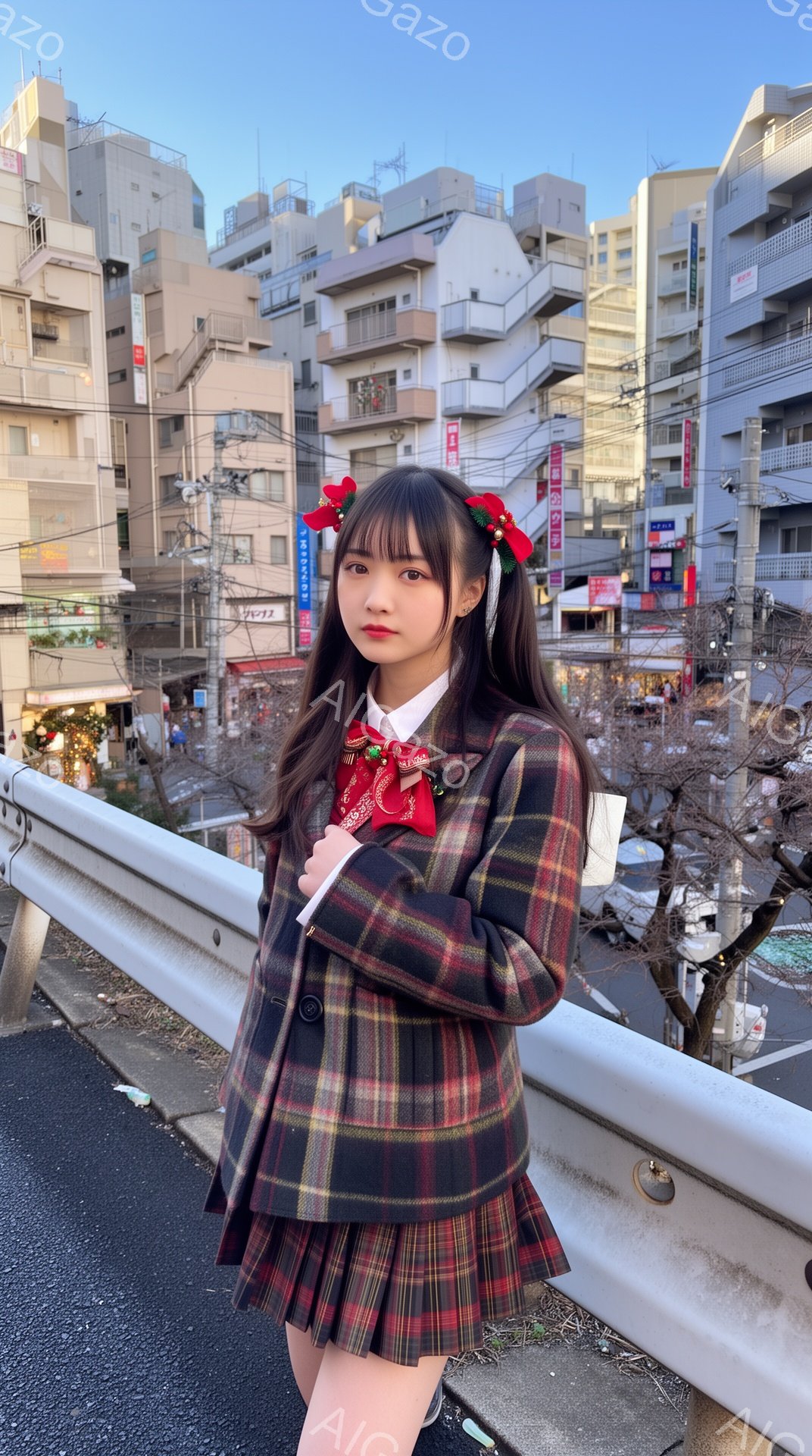 画像には、チェック柄のブレザーとプリーツスカートを着用した若い女性が写っています。彼女は赤いリボンで髪を結い、少し微笑んでいます。背景には、様々な建物が立ち並び、木々が少し見え、全体的に穏やかで都市的な雰囲気です。