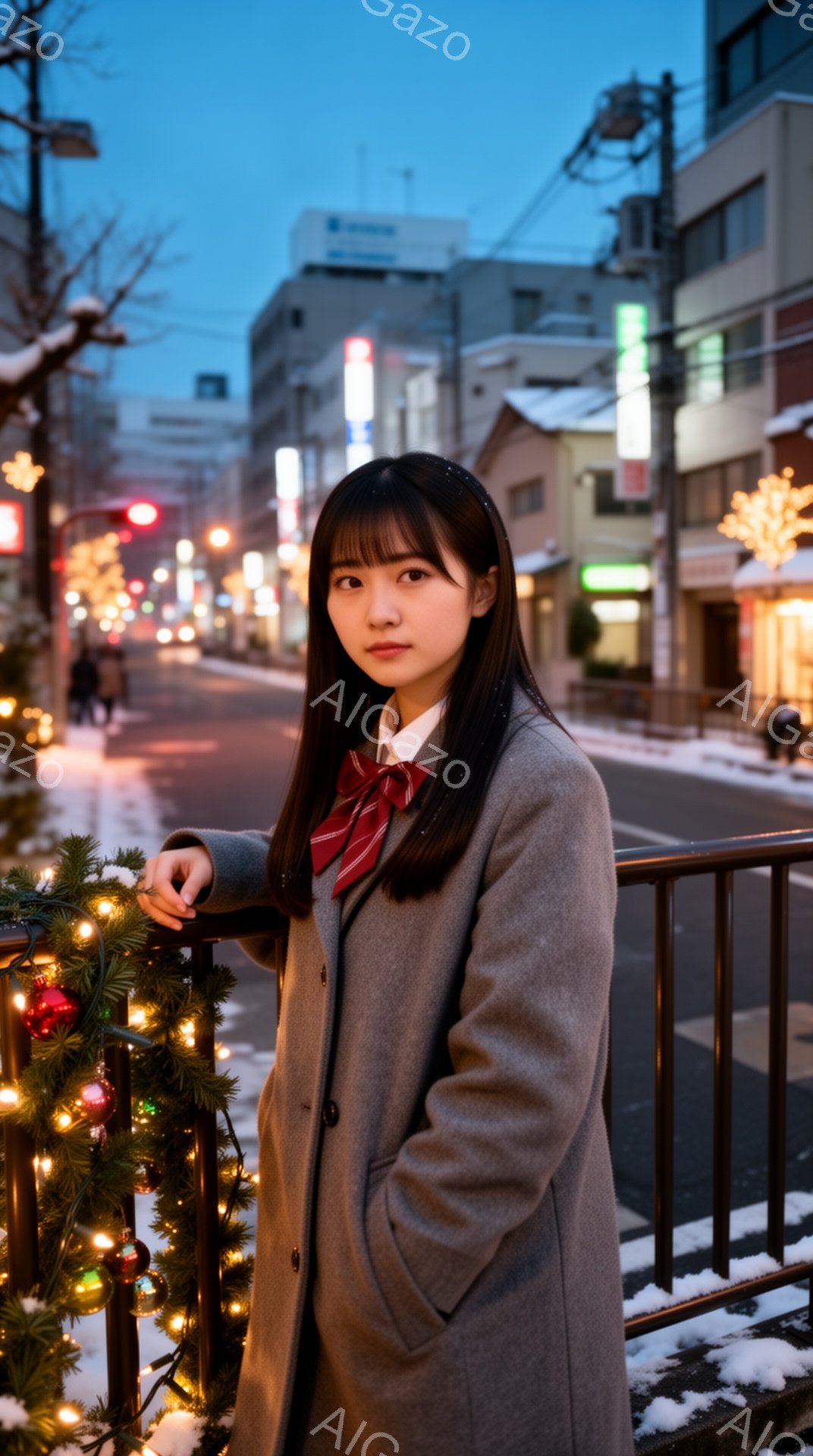 長い黒髪をセンターパートにした若い女性が、グレーのコートと赤いリボン付きのブラウスを着て、手すりに寄りかかっている。背景には、クリスマスのイルミネーションで飾られたガードレールと、夜の街並みが広がっている。雪が積もり、全体的に静かで幻想的な雰囲気が漂っている。
