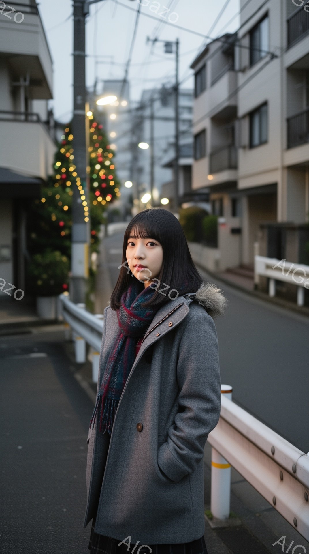若い女性がグレーのコートとチェック柄のスカートを身に着け、赤い縞模様のスカーフを巻いています。彼女は少し物憂げな表情でカメラを見つめ、両手をポケットに入れたリラックスした姿勢です。背景には住宅街が広がり、遠くにはクリスマスツリーのイルミネーションが点灯しており、少し寂しげで落ち着いた雰囲気が漂っています。
