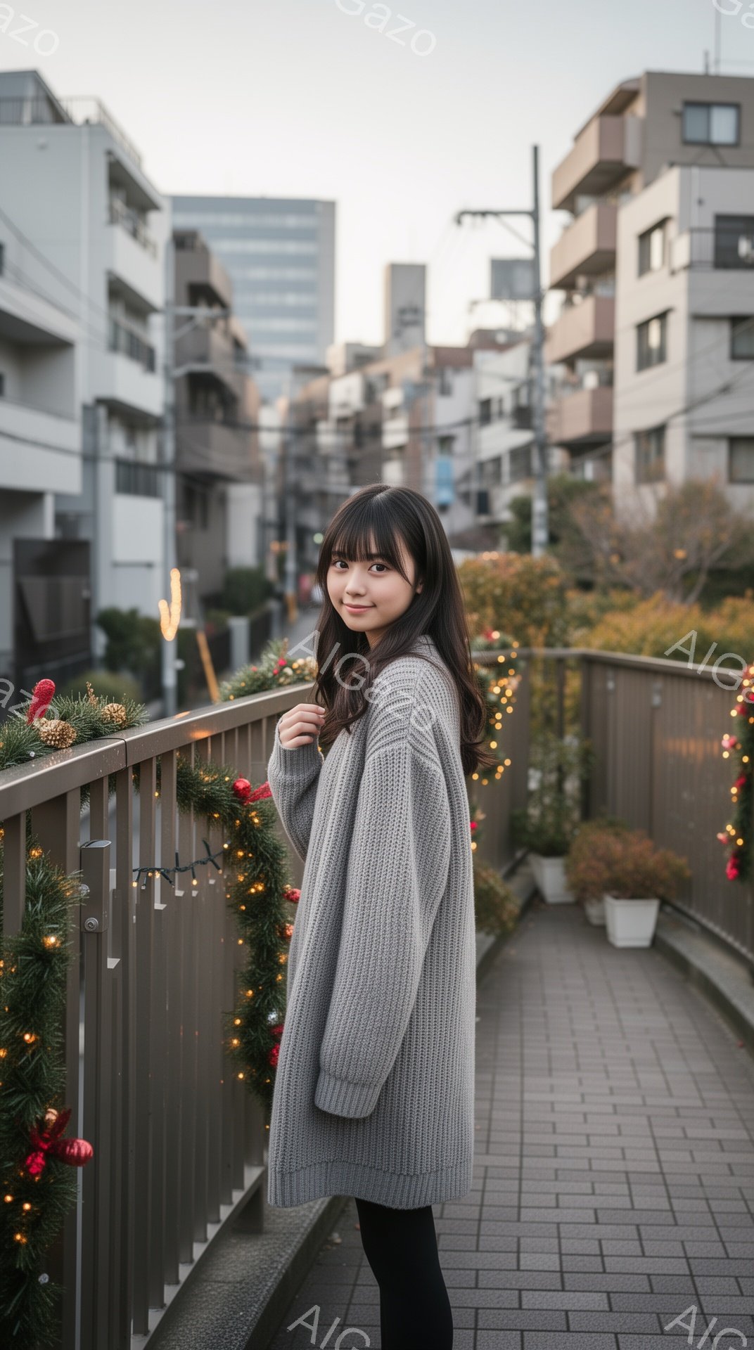 長い黒髪の女性が、グレーのオーバーサイズニットを着て、黒いレギンスを履いています。彼女は横向きに立っており、わずかに微笑み、手は体を抱きかかえるようにしています。背景には、クリスマス装飾が施された手すりと、住宅や木々が並ぶ都市景観が広がっており、全体的に穏やかで温かい雰囲気が漂っています。