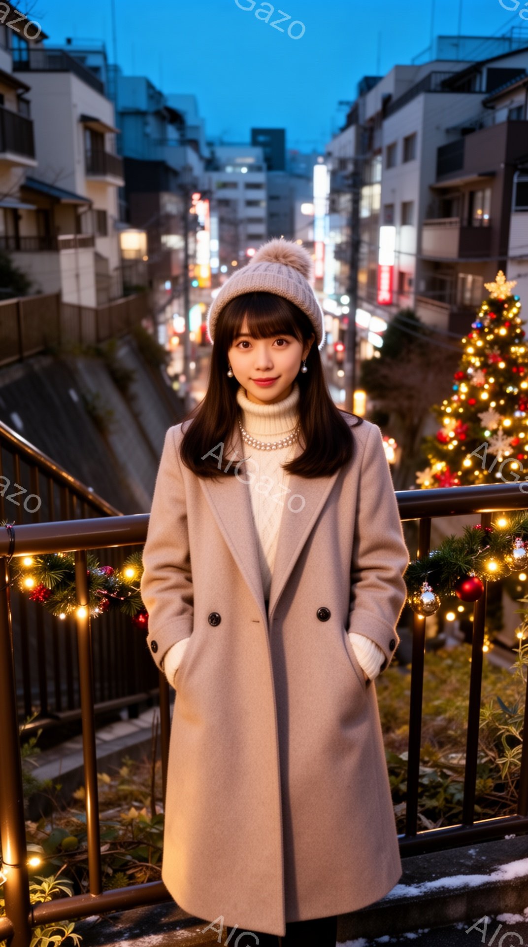 女性はベージュ色の長いコート、白いセーター、黒いズボンを着用し、クリーム色のニット帽をかぶっています。彼女は微笑み、少し内気な表情で、手はコートのポケットに入れたまま、柵にもたれて立っています。背景には、クリスマスツリーやイルミネーションが飾られ、夜の街並みが広がっており、冬の暖かい雰囲気を醸し出しています。