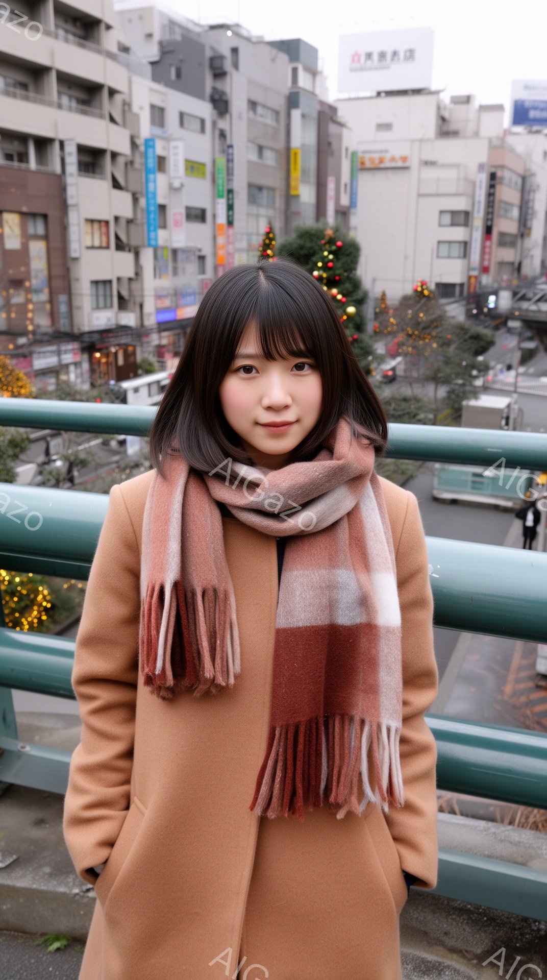 若い女性がキャメル色のコートとチェック柄のマフラーを身に着けてカメラに向かって立っています。彼女は黒髪のショートボブで、穏やかな微笑みを浮かべています。背景には都市の風景が広がり、道路、建物、そしてク - AI生成フリー素材