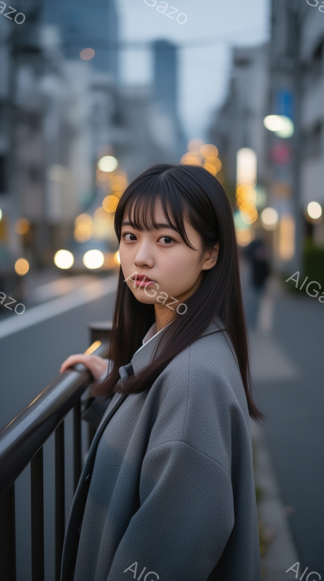 長い黒髪で、前髪が目にかかる女性が写っている。彼女はグレーのコートを着ており、少し憂いを帯びた表情で、手すりに肘をついて立っている。背景には夜景の建物がぼやけて見え、全体的に落ち着いた雰囲気である。