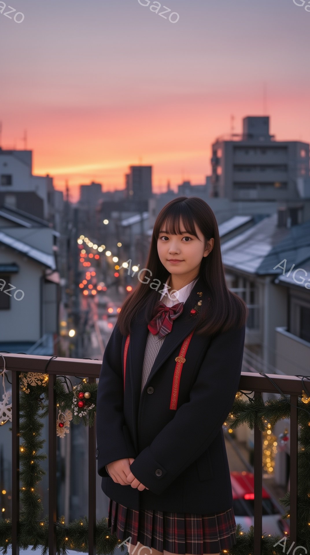 画像には、制服を着た若い女性が写っています。彼女は黒いブレザー、チェック柄のスカート、赤いリボンとチェック柄のネクタイをつけており、髪は肩までの長さで、前髪はきちんと整えられています。背景には、夕焼け空と街並みが広がり、フェンスにはクリスマス装飾が施され、全体的に暖かく穏やかな雰囲気が漂っています。