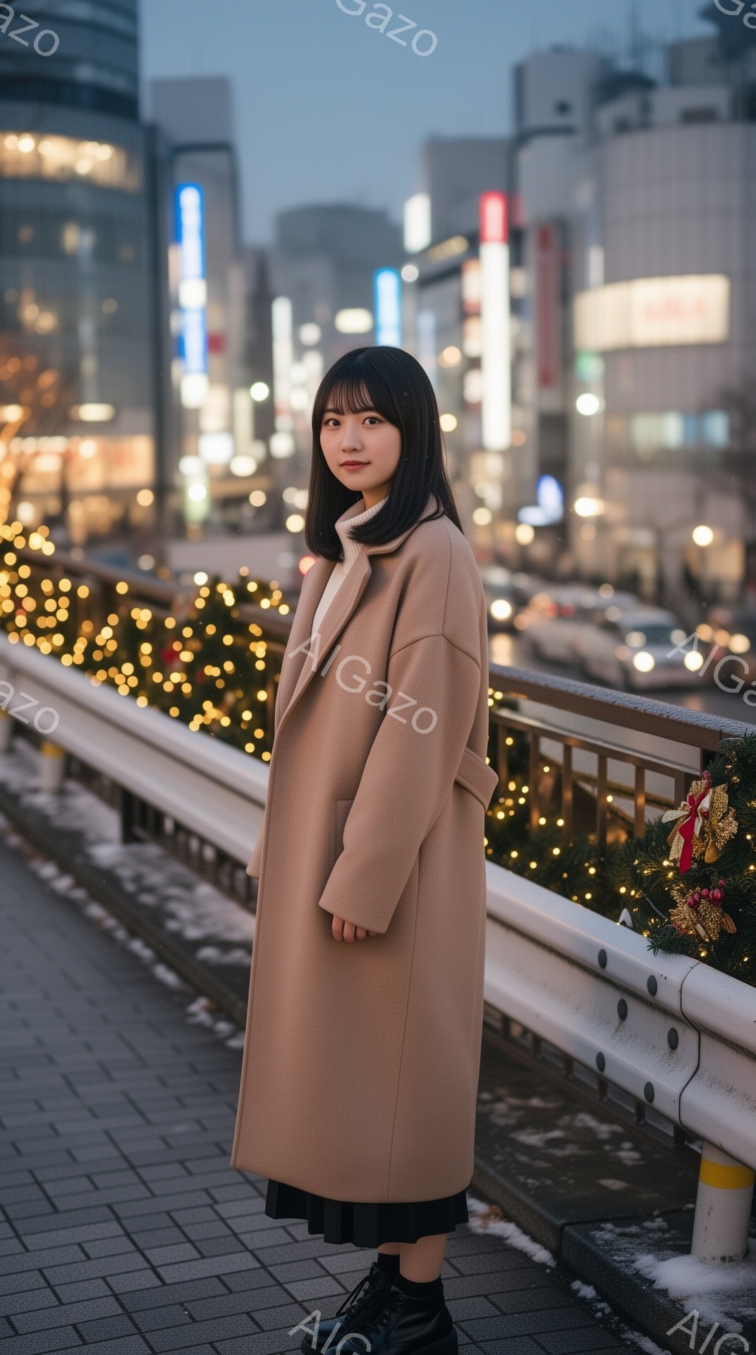 女性はベージュ色のロングコートを羽織り、黒いスカートとブーツを履いています。彼女は少し微笑み、前を見つめており、姿勢はまっすぐです。背景には、夜景のビル群と、イルミネーションで飾られた木々があり、少し - AI生成フリー素材
