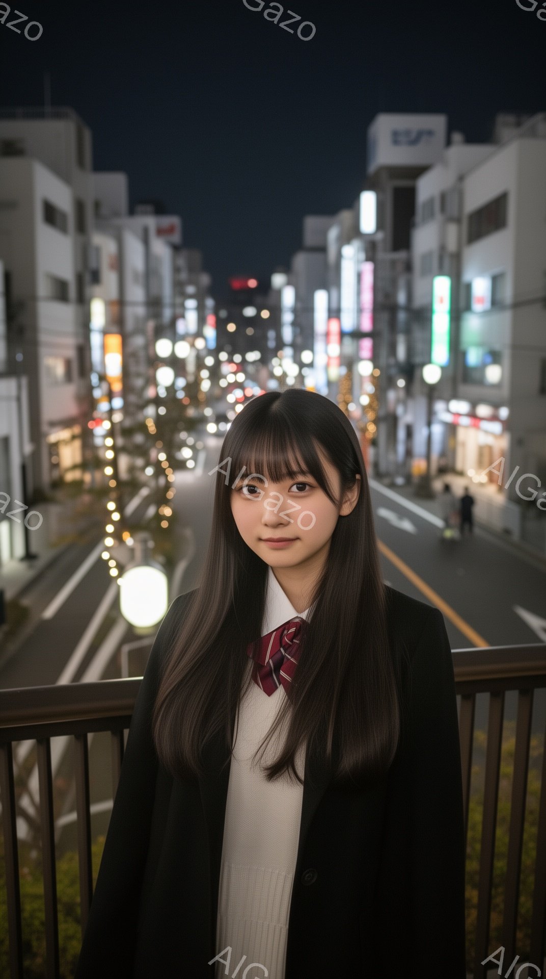 長い黒髪で、前髪は眉毛にかかるように整えられた若い女性が写っている。白いセーターにネクタイ、黒いジャケットを着ており、少し微笑んでいる。背景には夜の街並みがぼやけて写り、街灯や車のライトが点灯しており、都会的で少し寂しげな雰囲気を醸し出している。