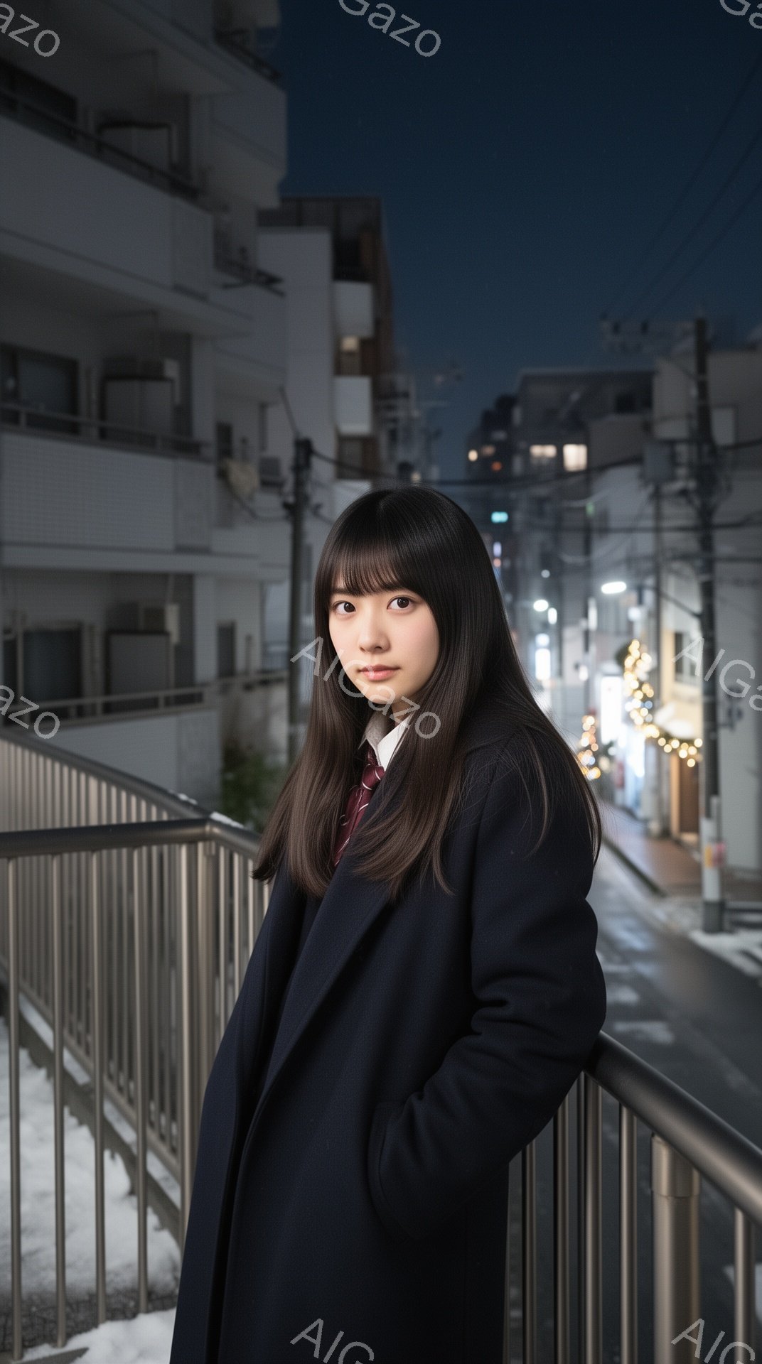 若い女性が、紺色のコートと赤いネクタイの制服を着て、金属製の柵にもたれかかっている。彼女はストレートの黒髪で、少し憂いを帯びた表情をしている。背景には、夜の都市の風景が広がり、建物や街路灯がぼんやりと光っている。