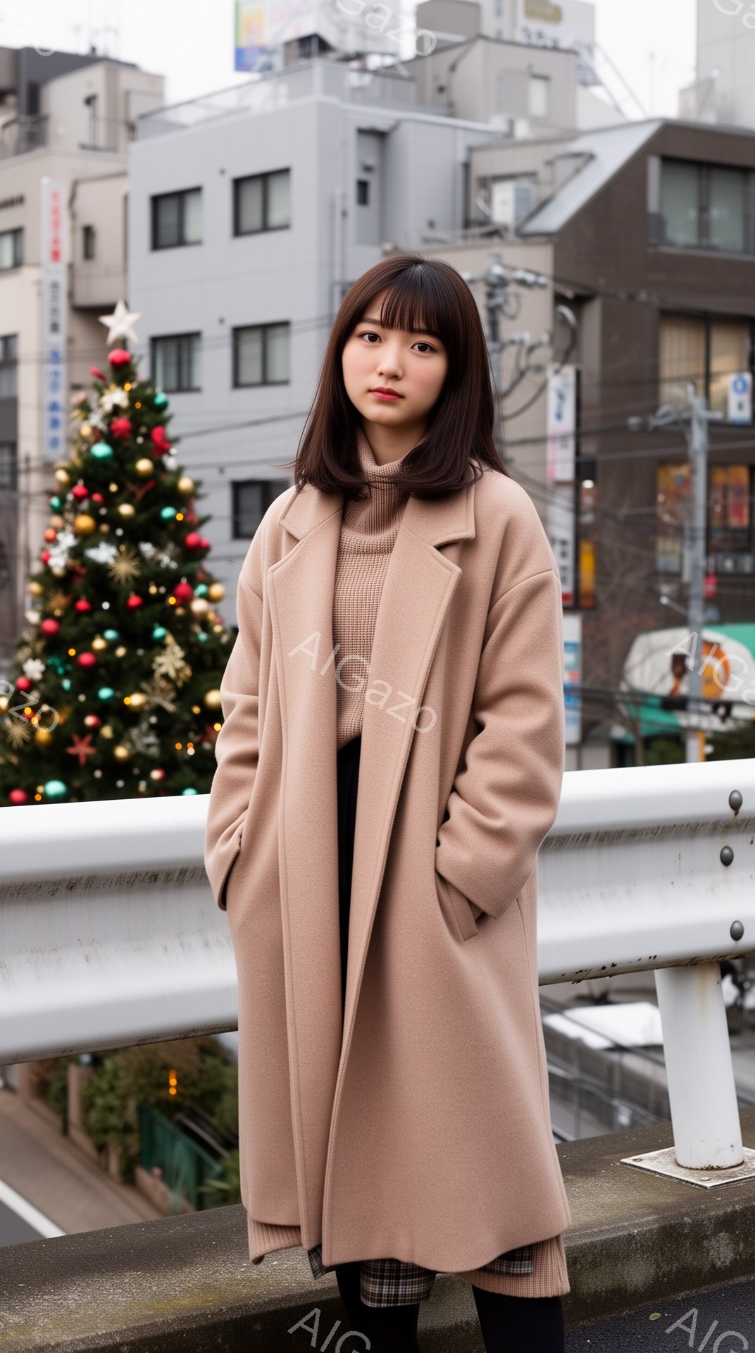 若い女性がベージュ色の長いコートを着て、黒いタイツとチェック柄のスカートを履いています。彼女は肩を丸めてリラックスした姿勢で、わずかに下を見つめています。背景にはクリスマスツリーが飾られた建物と、曇り空の下の街並みが広がっており、冬の都会の雰囲気を感じさせます。