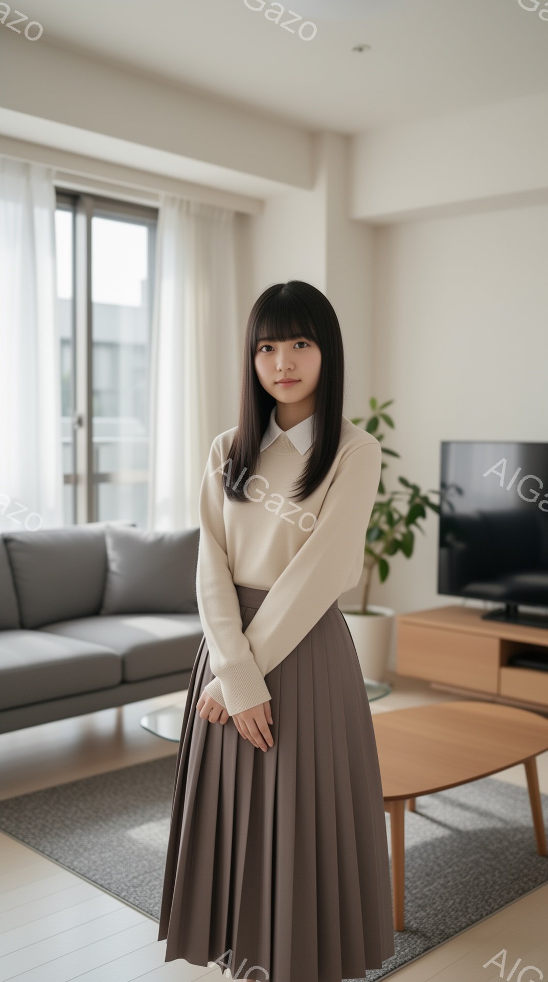 明るいリビングルームに立つ若い女性が写っている。ベージュのセーターと、深茶色のプリーツスカートを身に着け、前髪を揃えた黒髪が印象的だ。彼女は穏やかな表情でまっすぐ前を見据え、リラックスした姿勢で立っている。