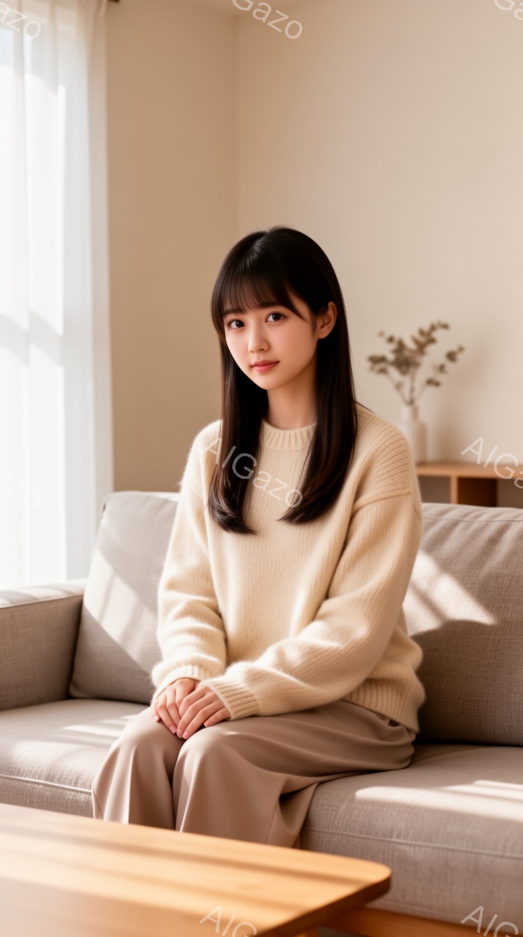 明るいリビングルームで、若い女性がソファに座っています。彼女はベージュのセーターとパンツを身につけ、ダークブラウンのストレートヘアを肩まで伸ばしています。穏やかな微笑みを浮かべ、リラックスした様子で、 - AI生成フリー素材