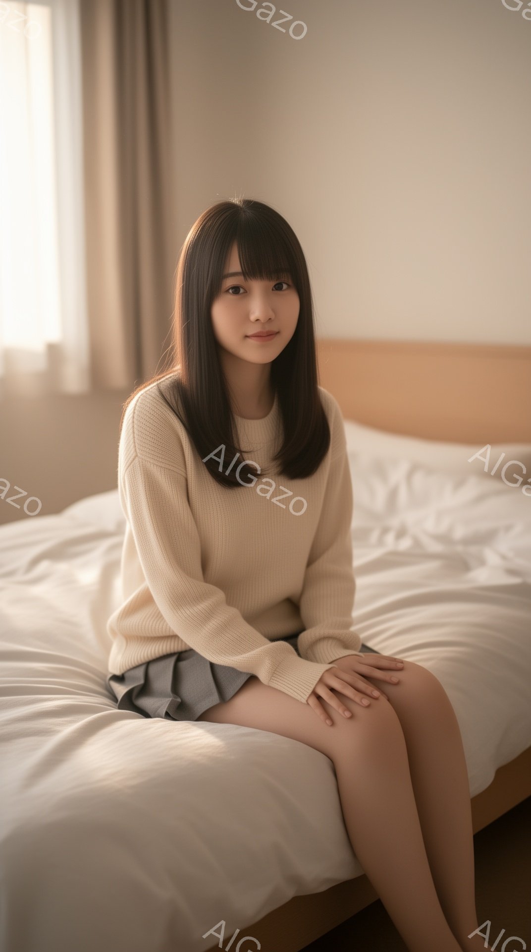 若い女性がベッドに座っており、ベージュ色のセーターとグレーのスカートを着用しています。彼女は長い、ストレートの黒髪で、前髪が目にかかっています。穏やかな微笑みを浮かべており、リラックスした雰囲気で膝を - AI生成フリー素材