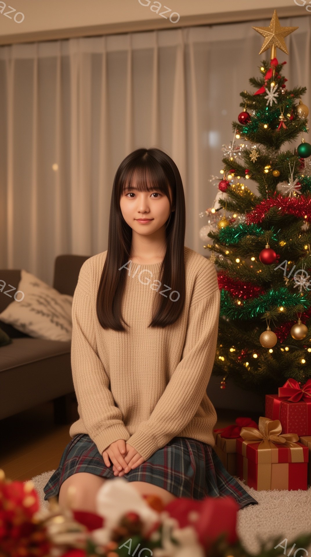 長い黒髪で前髪を作った若い女性が、ベージュのニットセーターとチェック柄のスカートを身につけて座っています。彼女はわずかに微笑み、リラックスした表情でカメラを見ています。背景には、オーナメントとプレゼントで飾られたクリスマスツリーがあり、暖かくお祝いの雰囲気です。