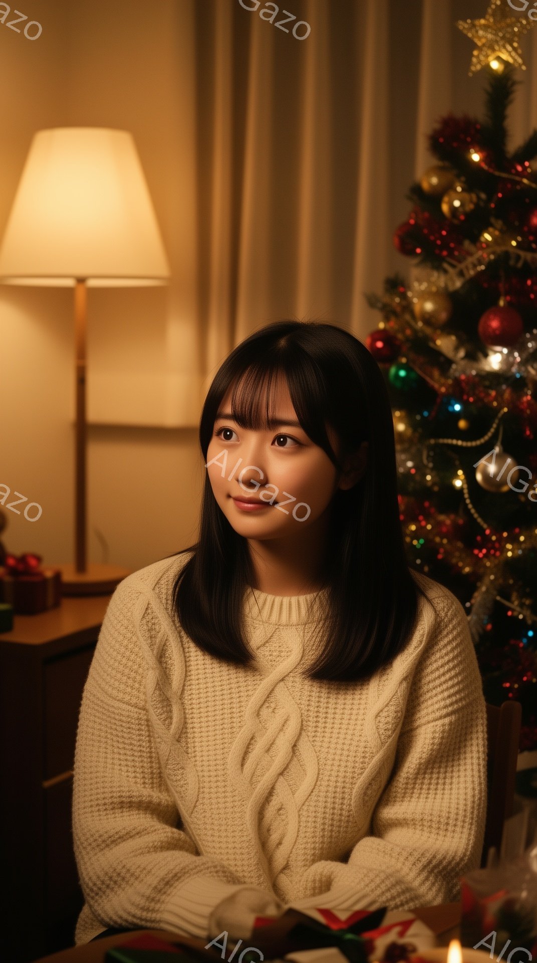 長いダークブラウンの髪をした若い女性が、オフホワイトのケーブルニットセーターを着ています。彼女はわずかに微笑んでおり、リラックスした雰囲気で正面を見つめています。背景には、クリスマスツリーと暖かい光を放つテーブルランプがあり、部屋全体が穏やかで心地よい雰囲気です。