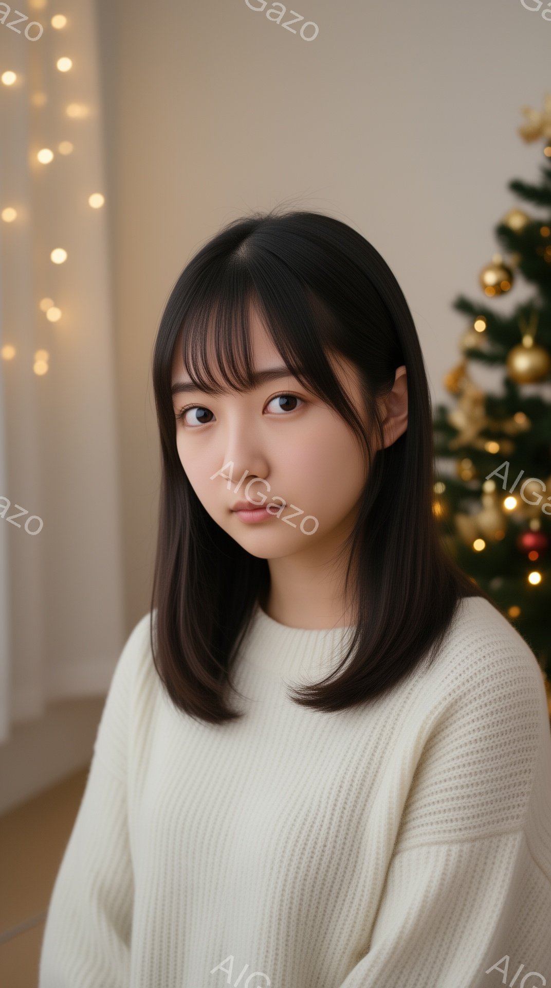 画像には、肩までの長さの黒髪で、前髪が目にかかる若い女性が写っています。彼女はオフホワイトのニットセーターを着ており、表情は穏やかで少し内気です。背景には、ぼやけたクリスマスツリーと暖かい色のフェアリーライトが飾られています。