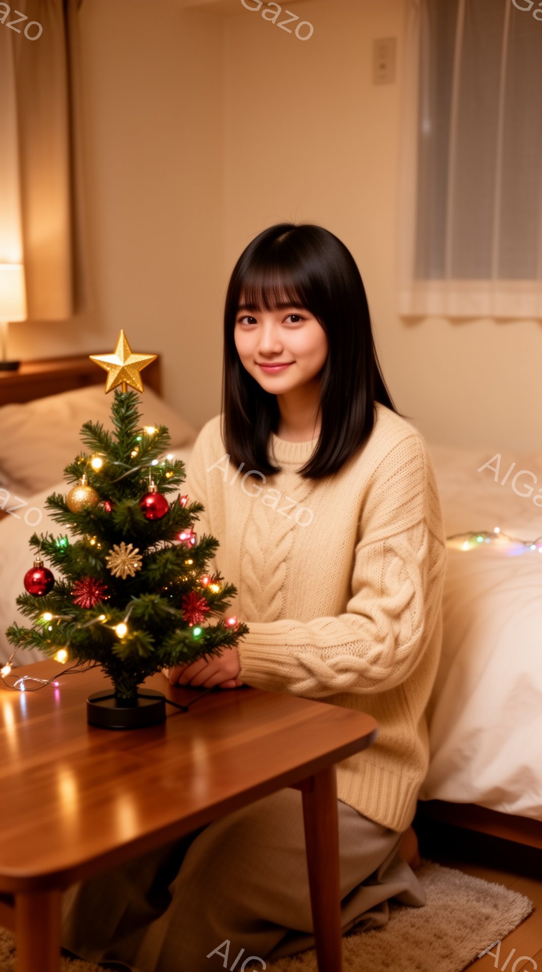 若い女性が、小さなクリスマスツリーの前に膝をついて座っています。ベージュのケーブルニットセーターを着ており、黒髪のストレートヘアが肩にかかっています。彼女は微笑んでおり、背景にはベッドと暖かい光のストリングライトが見え、家庭的な温かい雰囲気が漂っています。