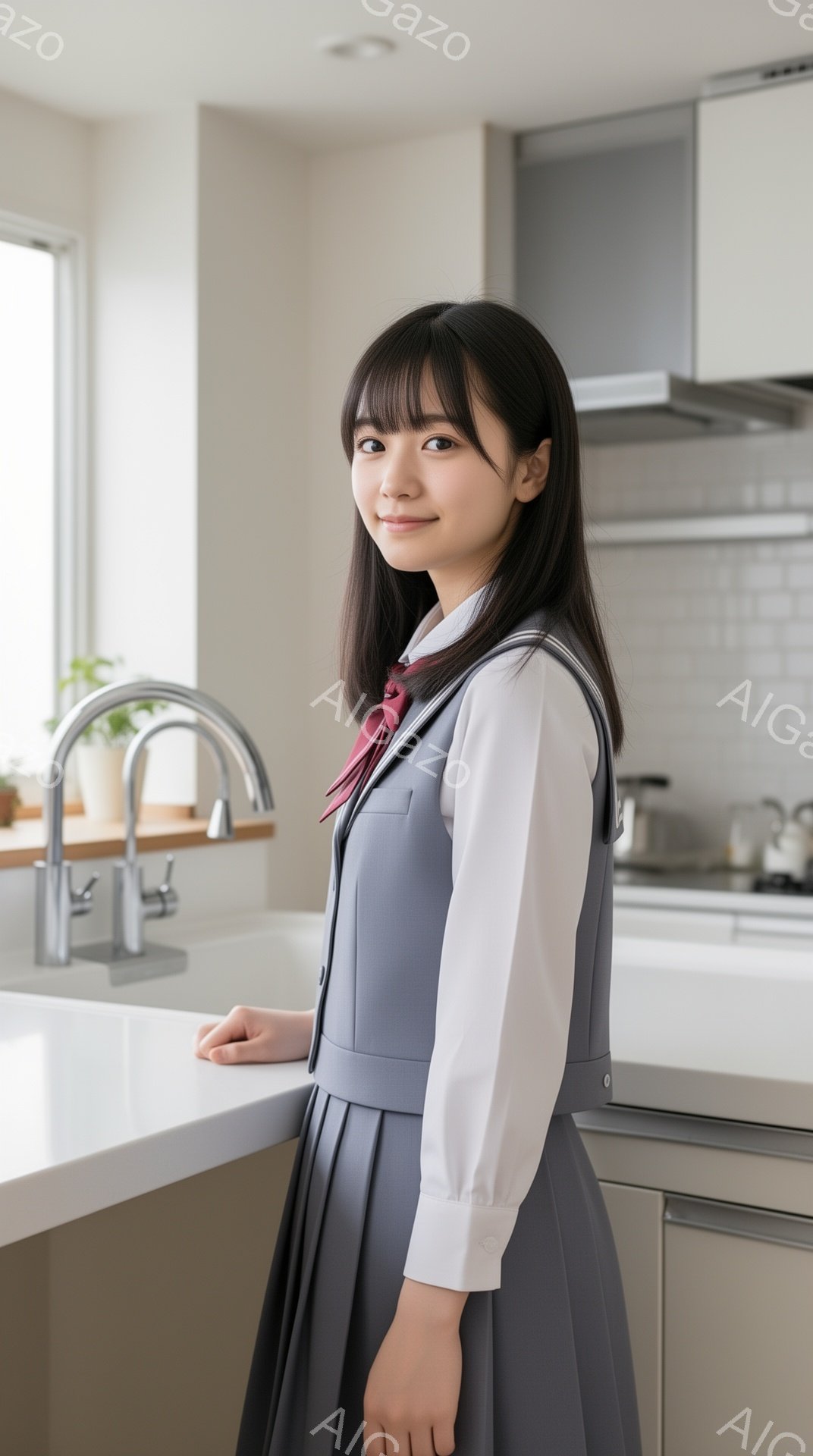 画像は、制服を着た若い女性がキッチンに立っている様子を捉えています。彼女は白いシャツにグレーのベストとスカートを着用し、赤いネクタイを締めています。微笑みを浮かべ、わずかに体を傾けており、背景にはキッチンカウンターや流し台が見えます。