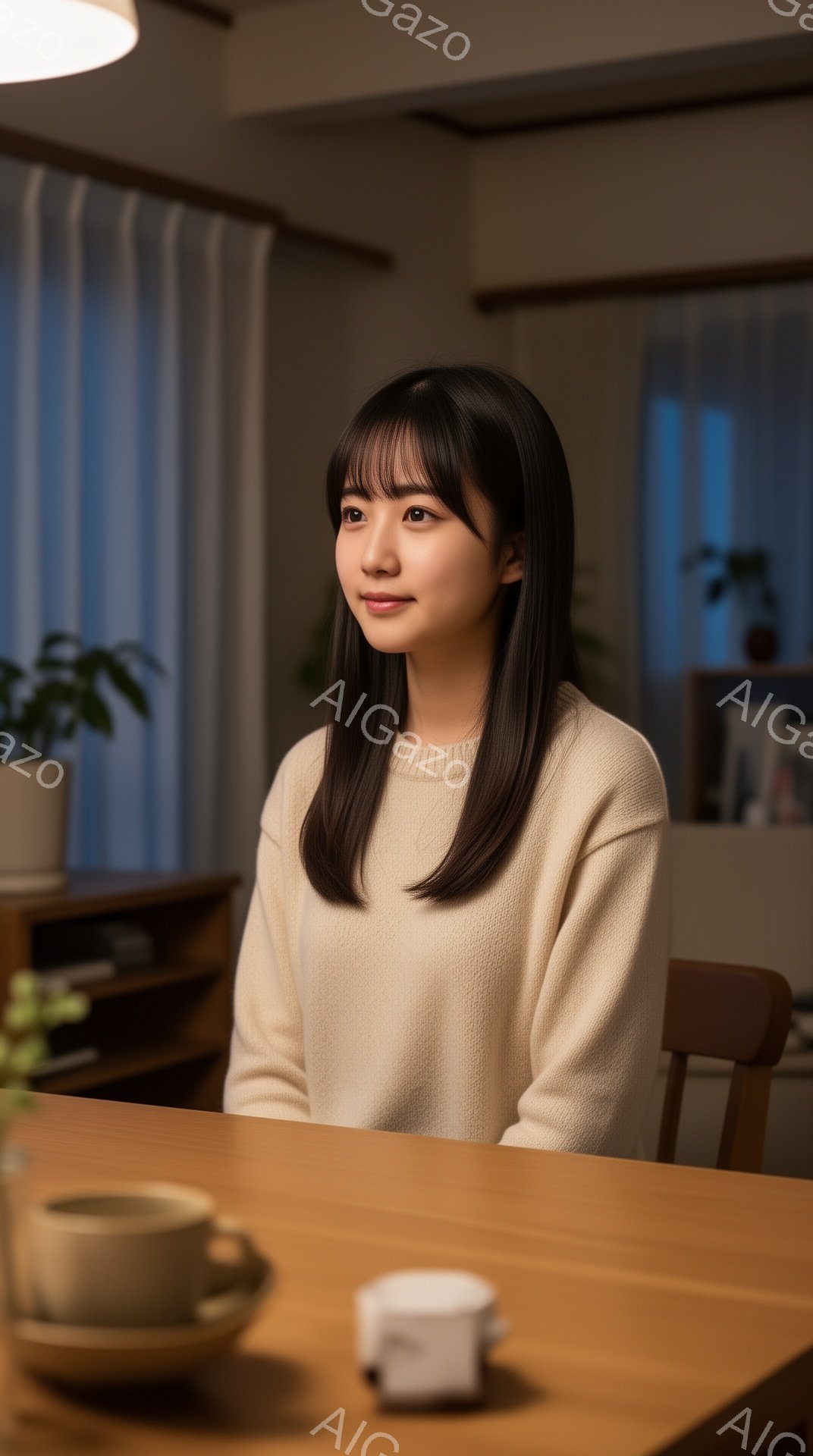 画像には、ベージュ色のセーターを着た若い女性が写っています。彼女は黒髪で、前髪は眉毛にかかるくらいにカットされています。女性は穏やかな微笑みを浮かべ、リラックスした雰囲気で、テーブルを挟んで何かを見て - AI生成フリー素材