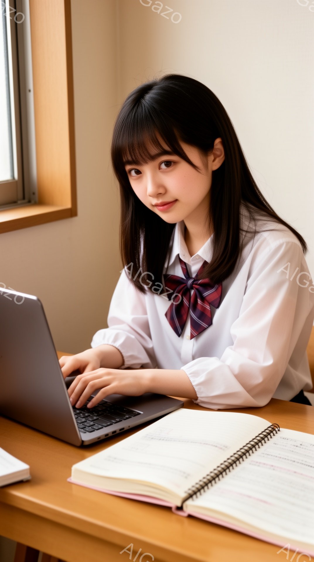 画像には、制服を着た若い女性が写っています。彼女は白いシャツにネイビーとチェックのネクタイを締め、黒いノートパソコンを操作しています。彼女の表情は穏やかで、少し微笑んでいるように見え、机の上には開いたノートが置かれています。