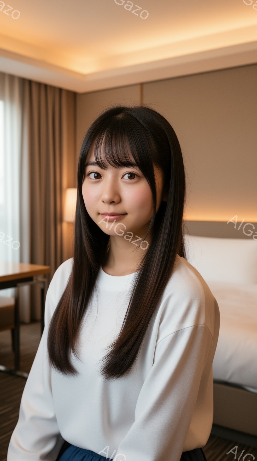 長い茶色の髪をストレートに下ろした若い女性が写っています。白いセーターと紺色のスカートを身につけ、少し微笑んだ表情で正面を見ています。背景はホテルの部屋のような場所で、ベッドとカーテンが見え、全体的に - AI生成フリー素材
