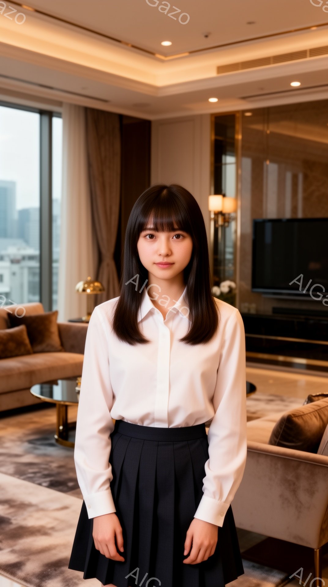若い女性が白いブラウスと黒のプリーツスカートを着用し、穏やかな表情で正面を見つめています。彼女はストレートで艶やかな黒髪で、室内はモダンで高級感のあるリビングルームのようです。背景には大きな窓から街並みが見え、暖色系の照明が落ち着いた雰囲気を作り出しています。