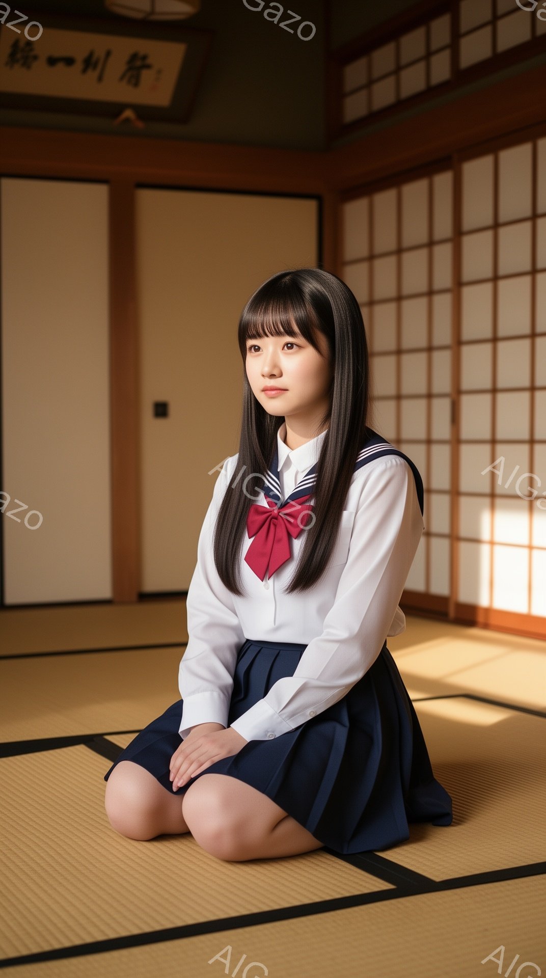 画像は、制服を着た若い女性が畳の上に正座している様子を捉えています。彼女は白いシャツに濃い青色のスカート、赤いリボンとネクタイを身に着けており、髪は長くストレートで、穏やかな表情を浮かべています。背景 - AI生成フリー素材