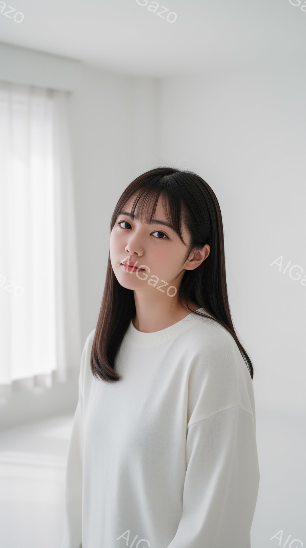 黒髪の長いストレートヘアに、前髪ぱっつんの若い女性が写っている。白いセーターを着ており、表情は穏やかで少し微笑んでいるように見える。背景は明るい白で、窓から柔らかい光が差し込み、全体的に清潔感のある雰 - AI生成フリー素材