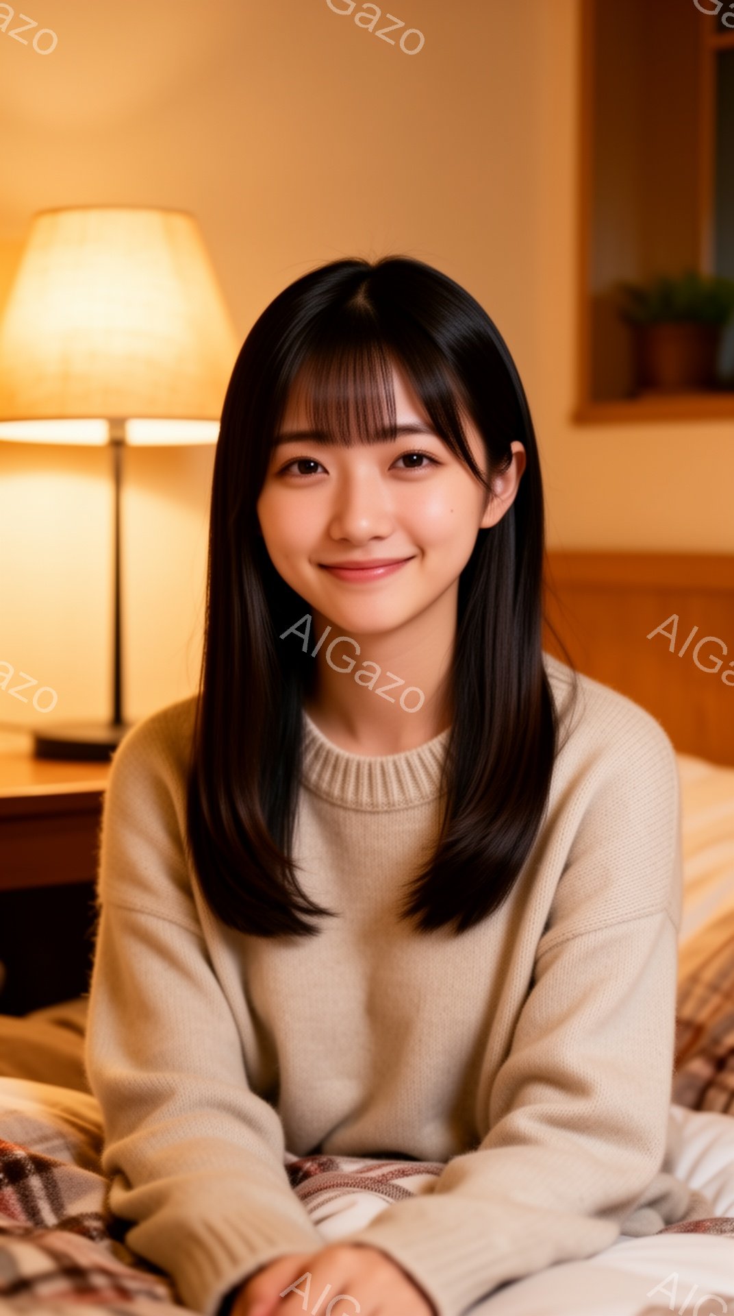 長い黒髪で、前髪は眉毛にかかるように切り揃えられています。ベージュ色のセーターを着ており、穏やかな微笑みを浮かべています。背景には、ランプと植物が置かれたベッドがあり、暖かく落ち着いた雰囲気です。