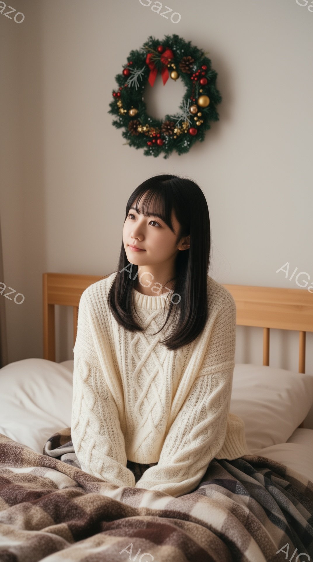 長い黒髪の女性がベッドに座っており、オフホワイトのケーブルニットセーターを着ています。彼女は少し顔を傾けて遠くを見つめ、穏やかで物憂げな表情をしています。背景には木製のベッドフレームと、赤い実と緑の葉で飾られたクリスマスリースが見え、暖かく落ち着いた雰囲気を醸し出しています。