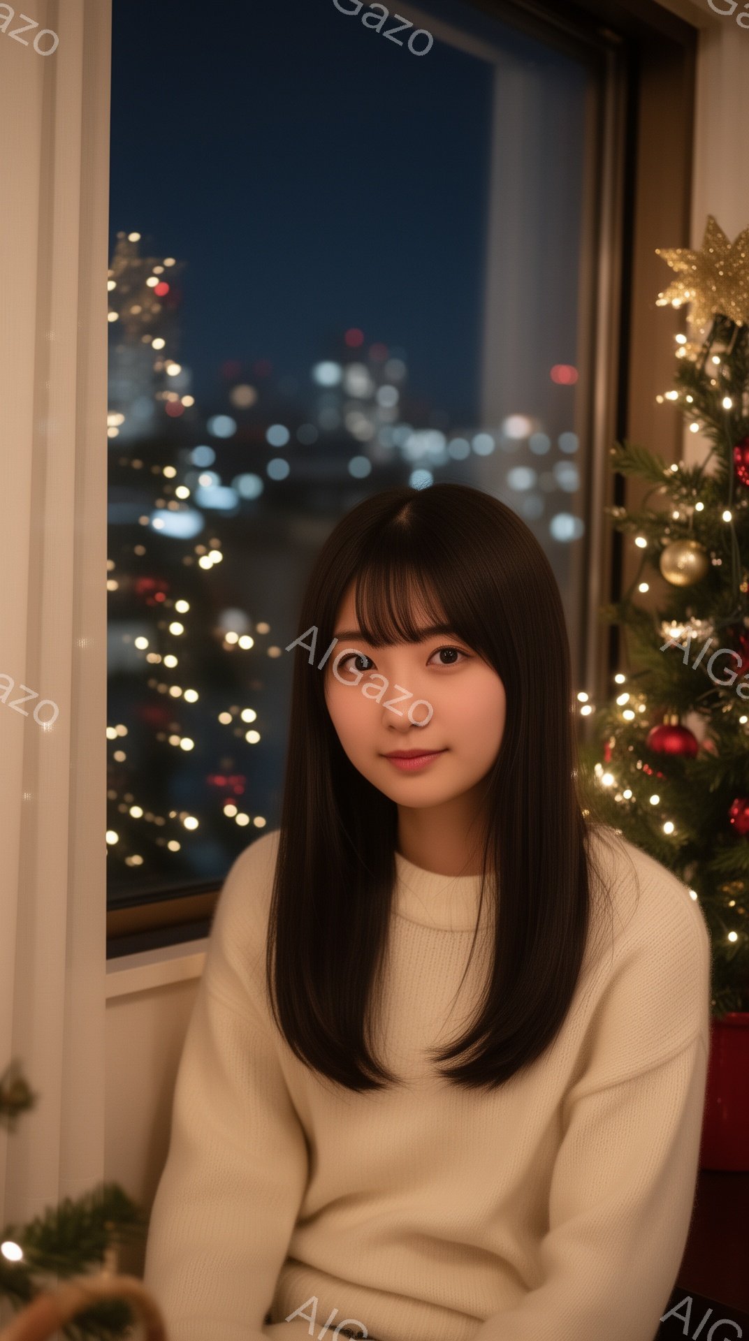 長い黒髪をセンターパートにした若い女性が、オフホワイトのセーターを着て微笑んでいます。背景にはぼやけた都市の夜景と、クリスマスツリーの暖かい光が見えます。全体的に、暖かく穏やかなクリスマスの雰囲気が漂うポートレート写真です。