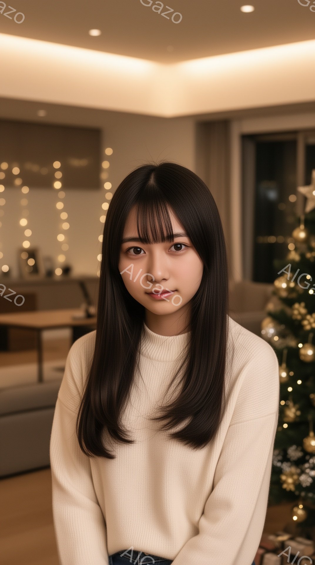 長い黒髪で、前髪は眉毛にかかるように切り揃えられています。ベージュ色のセーターを着ており、少し微笑んだ表情でカメラを見ています。背景には、クリスマスツリーの光と、リビングルームの家具が見え、温かく穏や - AI生成フリー素材