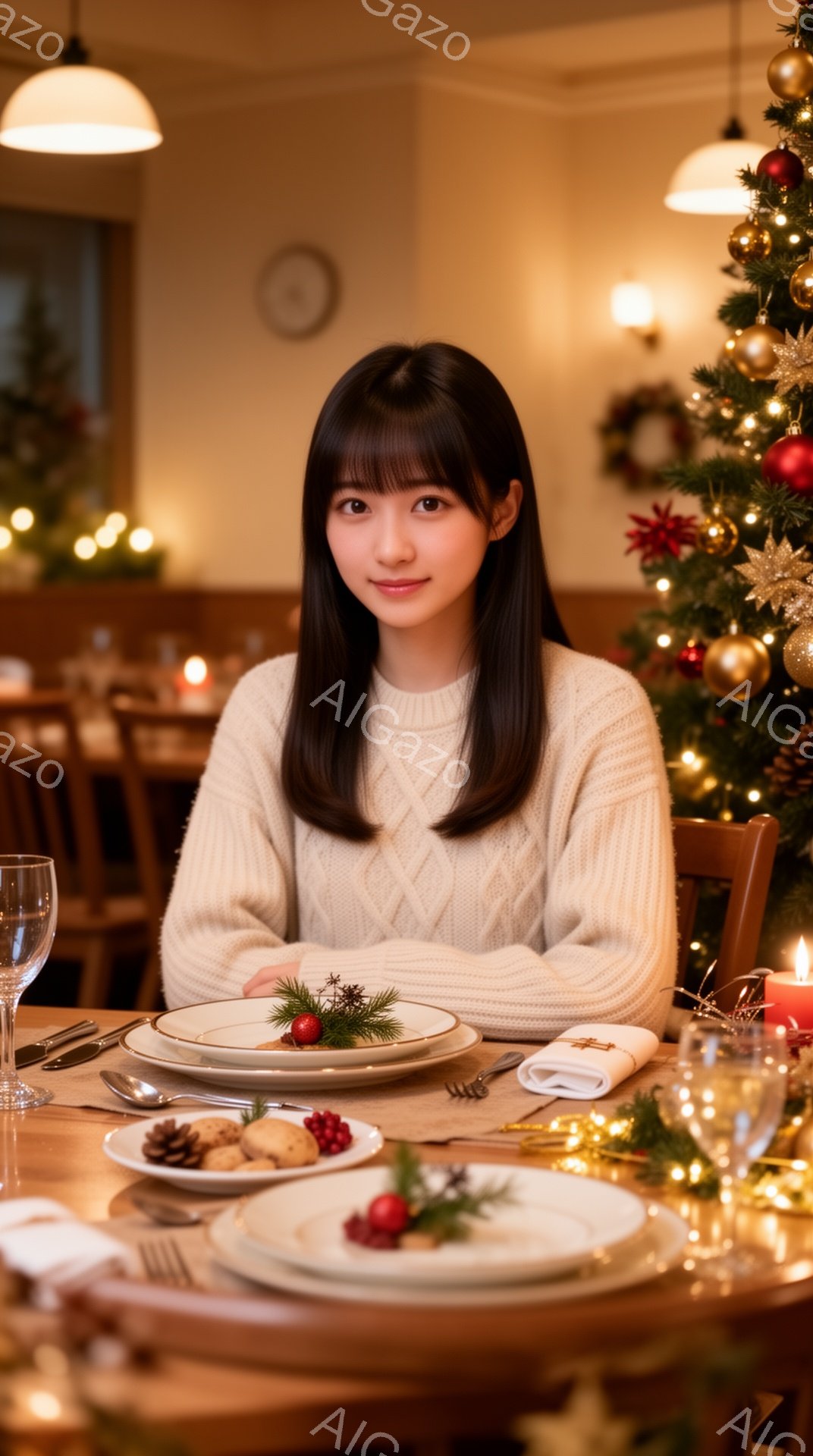 画像には、ニットセーターを着た若い女性が写っており、暗めのダイニングルームでテーブルを囲んでいます。彼女は黒髪のストレートヘアで、穏やかな微笑みを浮かべています。背景にはクリスマスツリーと装飾が施され、温かくお祝いの雰囲気があります。