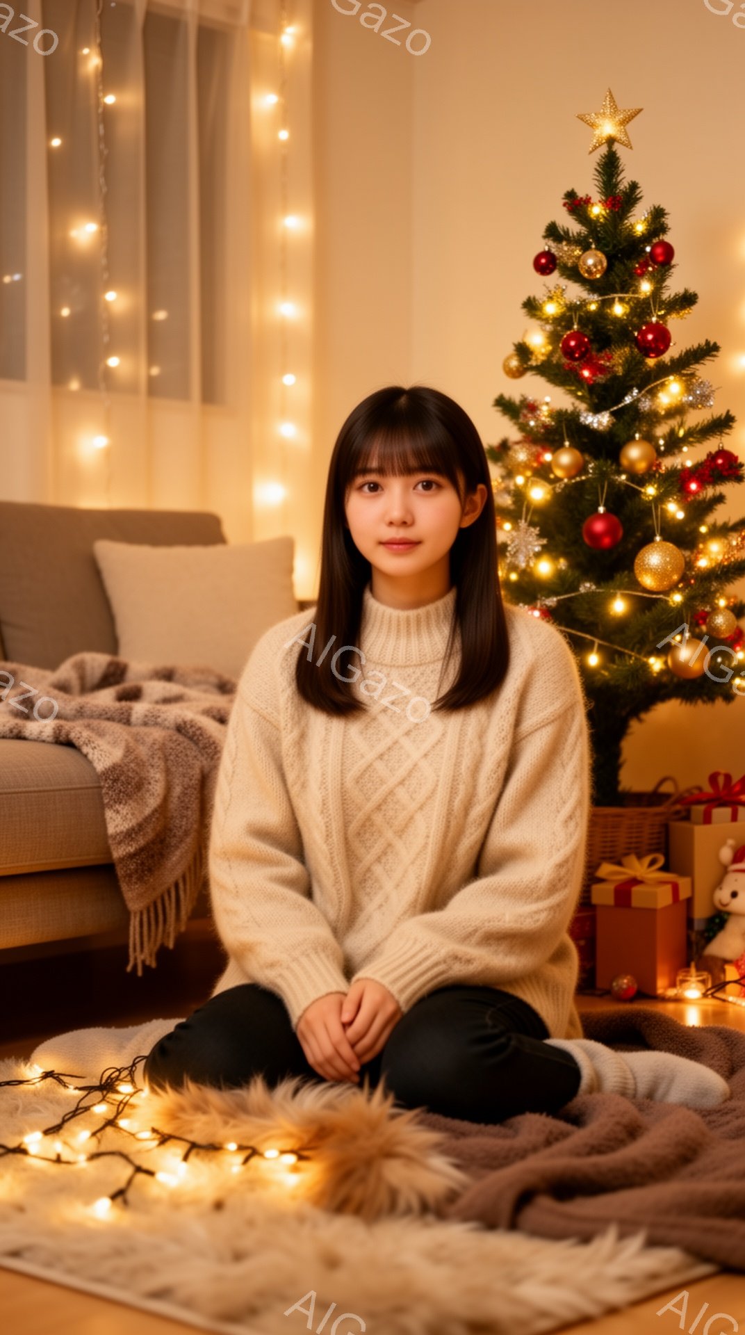 若い女性が床に座り、クリスマスツリーを背景にしています。彼女はオフホワイトのケーブルニットセーターと黒いズボンを着用し、前髪のあるストレートの黒髪をしています。 穏やかな表情で、リラックスした雰囲気の - AI生成フリー素材