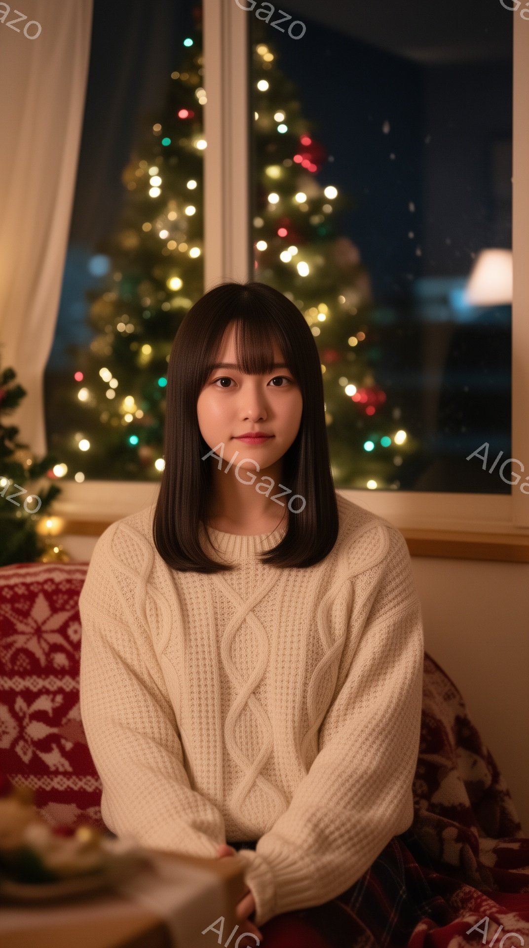 画像は、暖炉のそばで座っている若い女性を捉えています。彼女はオフホワイトのケーブルニットセーターを着ており、前髪のあるダークブラウンのロングヘアです。背景にはぼやけたクリスマスツリーの光があり、心地よく暖かい雰囲気を醸し出しています。