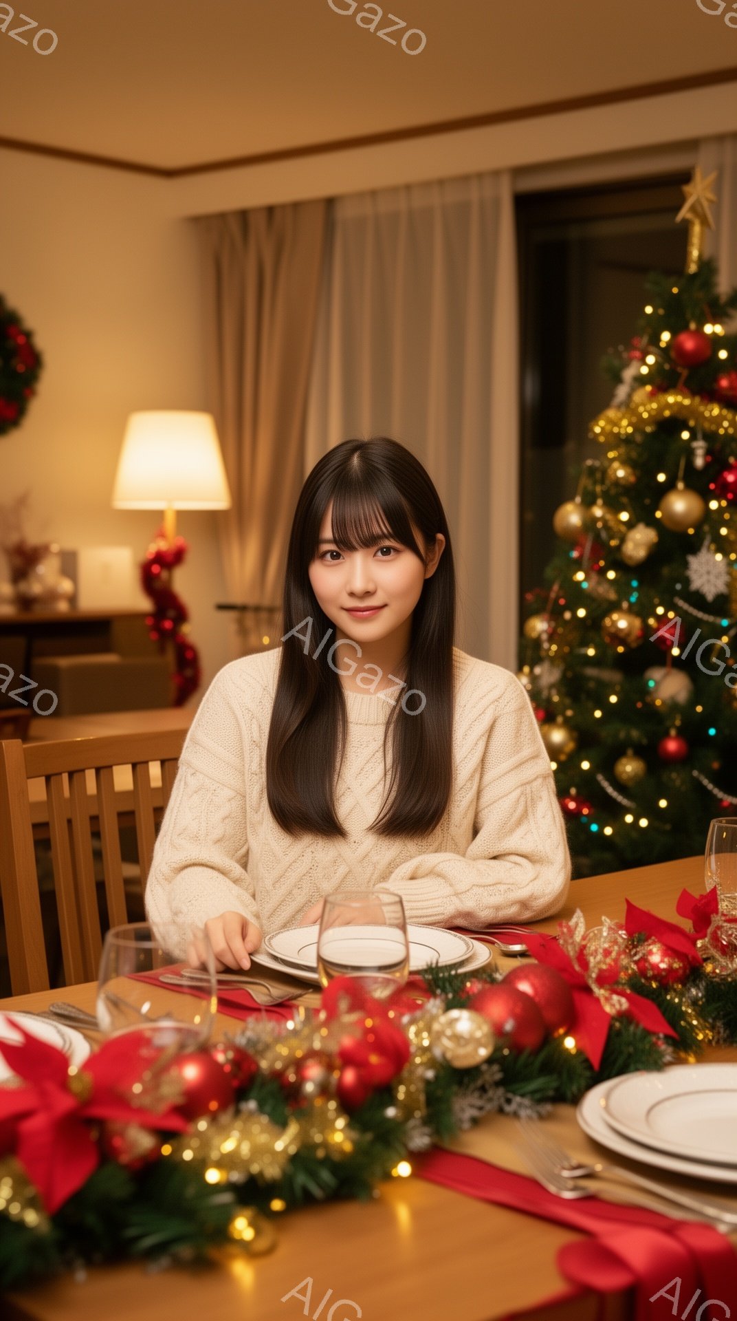 長い黒髪で前髪がぱっつんとした若い女性が、クリスマスのディナーテーブルを背景に微笑んでいます。彼女はオフホワイトのケーブルニットセーターを着ており、テーブルにはクリスマスツリー、ガーランド、キャンドルが飾られています。暖色系の照明と装飾が、温かくお祝いムードを醸し出しています。