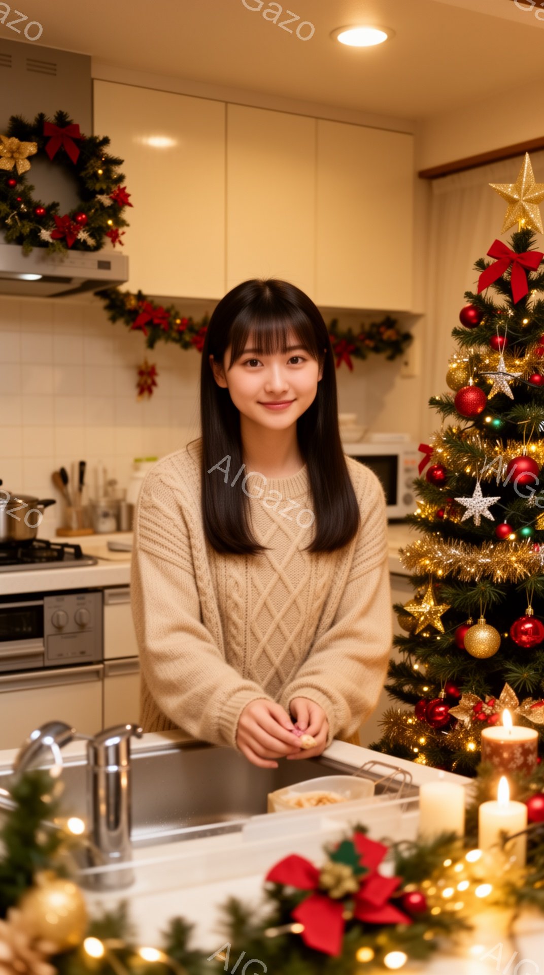 若い女性がキッチンで何かを手に持っています。彼女はケーブルニットのセーターを着ており、前髪のあるダークヘアスタイルで、穏やかな笑顔を浮かべています。背景にはクリスマスツリー、キャンドル、クリスマスリー - AI生成フリー素材