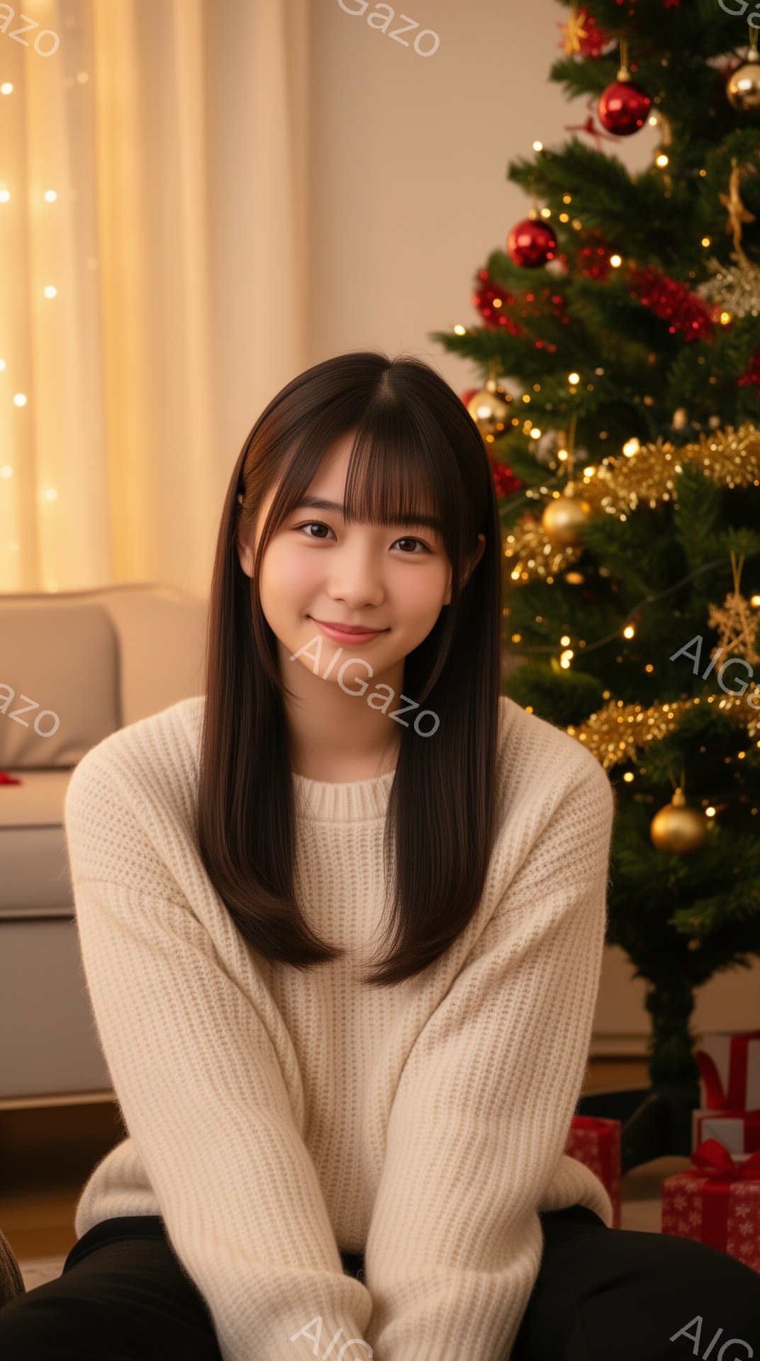明るい笑顔の若い女性が、クリーム色のざっくりとしたニットセーターを着て、クリスマスツリーの前で座っています。彼女は長いダークブラウンの髪をストレートに伸ばし、前髪は眉毛にかかる程度にカットされています。背景には、オーナメントで飾られたクリスマスツリーと、プレゼントボックスがいくつか見え、暖かく幸せな雰囲気です。