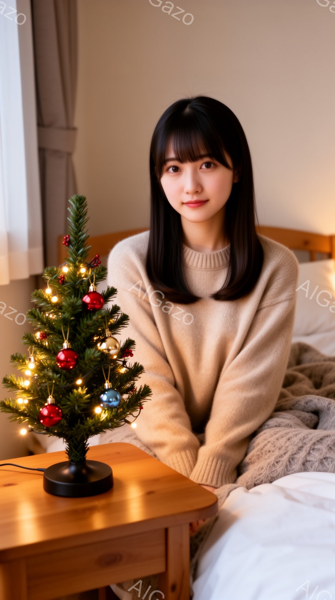 彼女はベージュのセーターを着て、黒髪を肩の長さでカットし、前髪を作っています。ベッドに座ってリラックスした様子で、わずかに微笑んでいます。背景には小さなクリスマスツリーが置かれたナイトテーブルがあり、暖かく穏やかな雰囲気が漂っています。