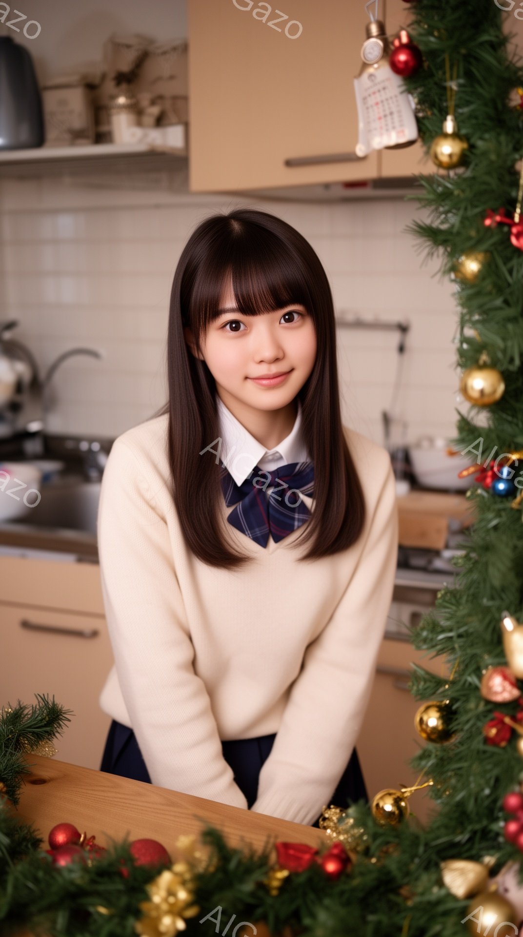 明るい笑顔を浮かべた若い女性が写っている。ベージュのセーターにチェック柄のネクタイ、紺色のスカートという制服姿で、黒髪のストレートヘアを肩まで伸ばしている。背景にはクリスマスの飾り付けが施されたクリスマスツリーやキッチンが見え、温かく家庭的な雰囲気が漂っている。