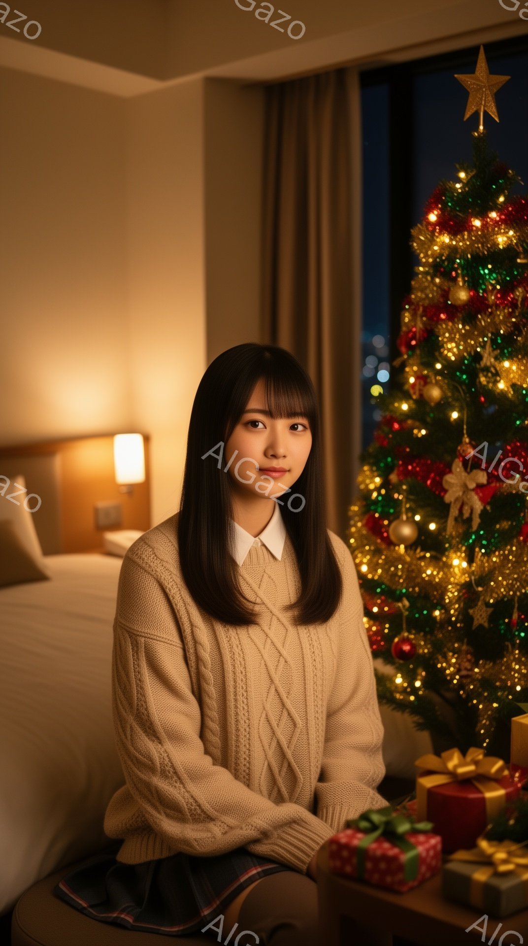 長い黒髪で前髪のある若い女性が、ベージュのケーブルニットセーターとチェック柄のスカートを着ています。彼女は椅子に座って正面を見つめており、穏やかな微笑みを浮かべています。背景にはクリスマスツリーとプレゼントが置かれ、部屋は暖かく、お祝いの雰囲気に包まれています。