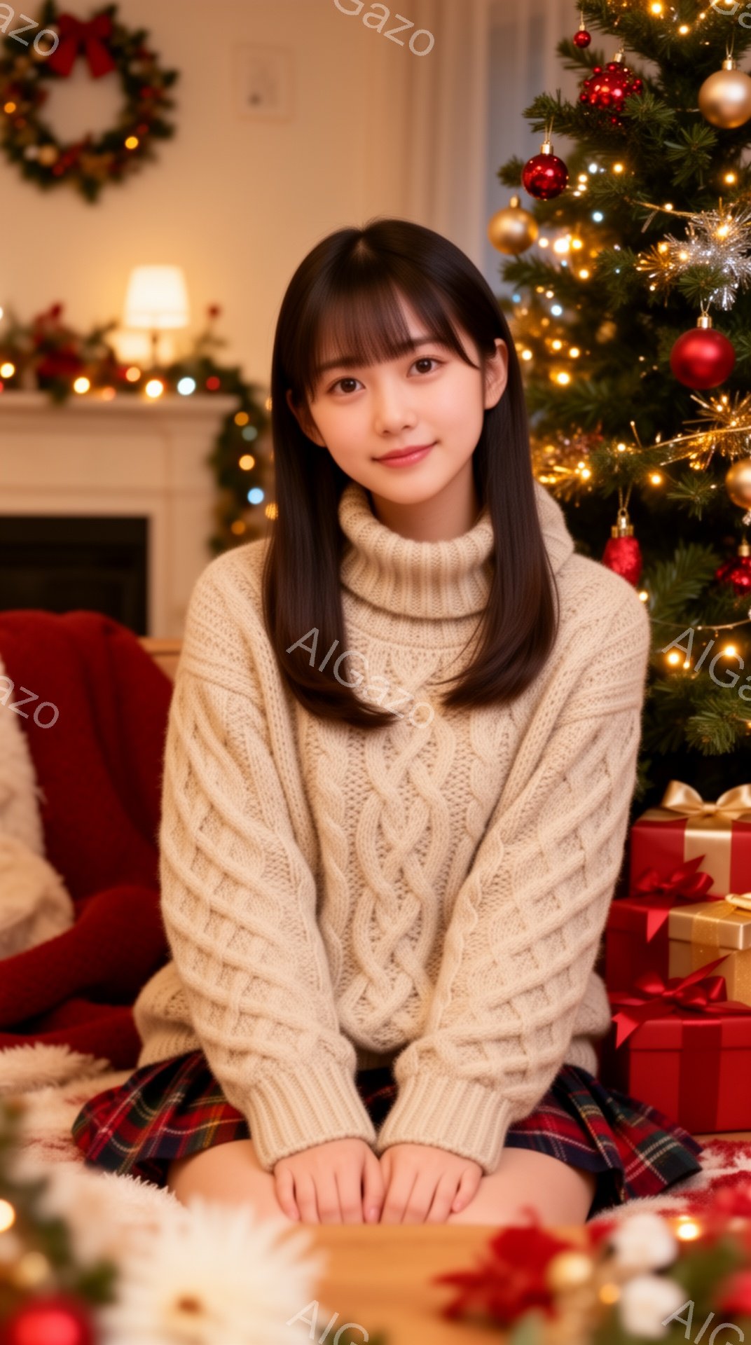 彼女はオフホワイトのケーブルニットセーターとチェック柄のスカートを身に着け、明るい笑顔を浮かべています。彼女はプレゼントの山の上に座り、リラックスした姿勢でカメラに向かって微笑んでいます。背景にはクリスマスツリーが飾られ、暖炉や装飾が暖かく、お祝いの雰囲気を作り出しています。